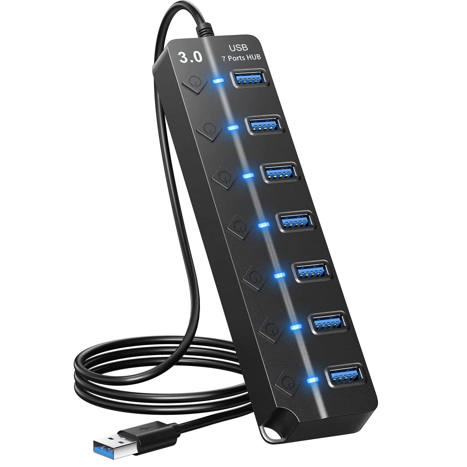 Onfinio Usb Hub 3.0, 7 Port Usb Hub Splitter With Individual On/Off Switches And Lights, 3.2Ft/1M Long Cable Compatible With Macbook, Laptop, Surface Pro, Ps4, Pc, Flash Drive, Mobile Hdd