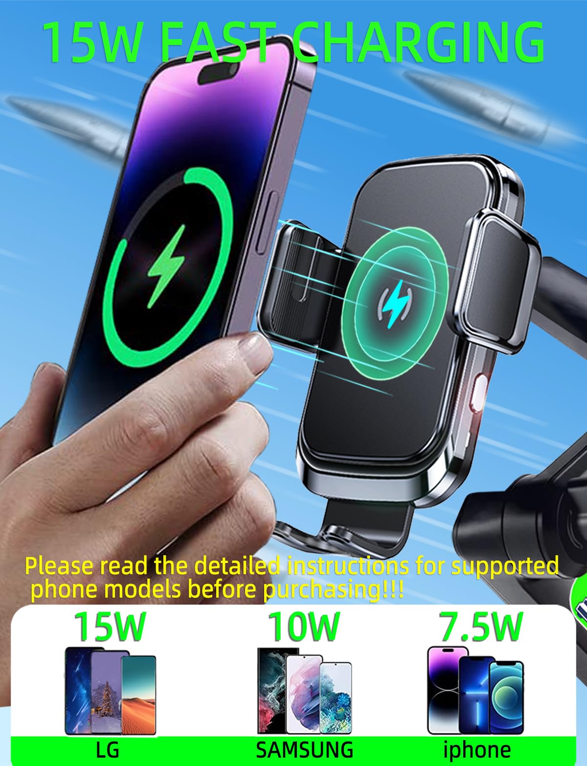 Wckesi Truck Phone Holder Mount Wireless Charger Heavy Duty For Car 15W Smart Fast Charging 14 Inch Long Arm Pickup Truck Windsh