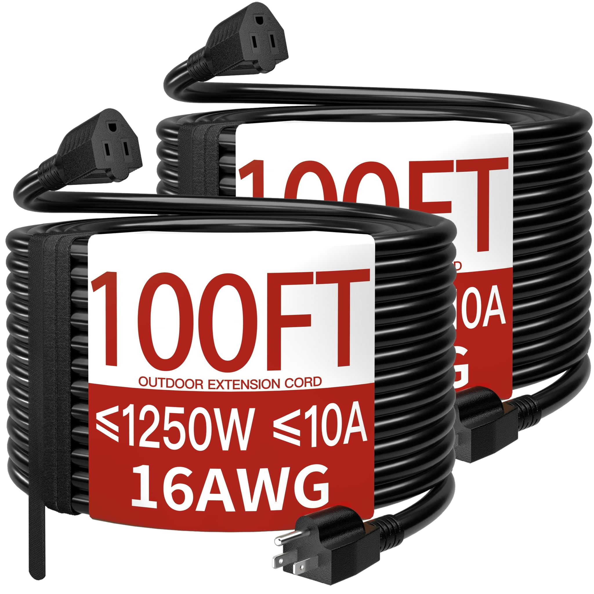 Skrizcable 16/3 2 Pack 100 Ft Outdoor Extension Cord Waterproof, Weatherproof & Flame Retardant Black 3 Prong Power Cord Outside