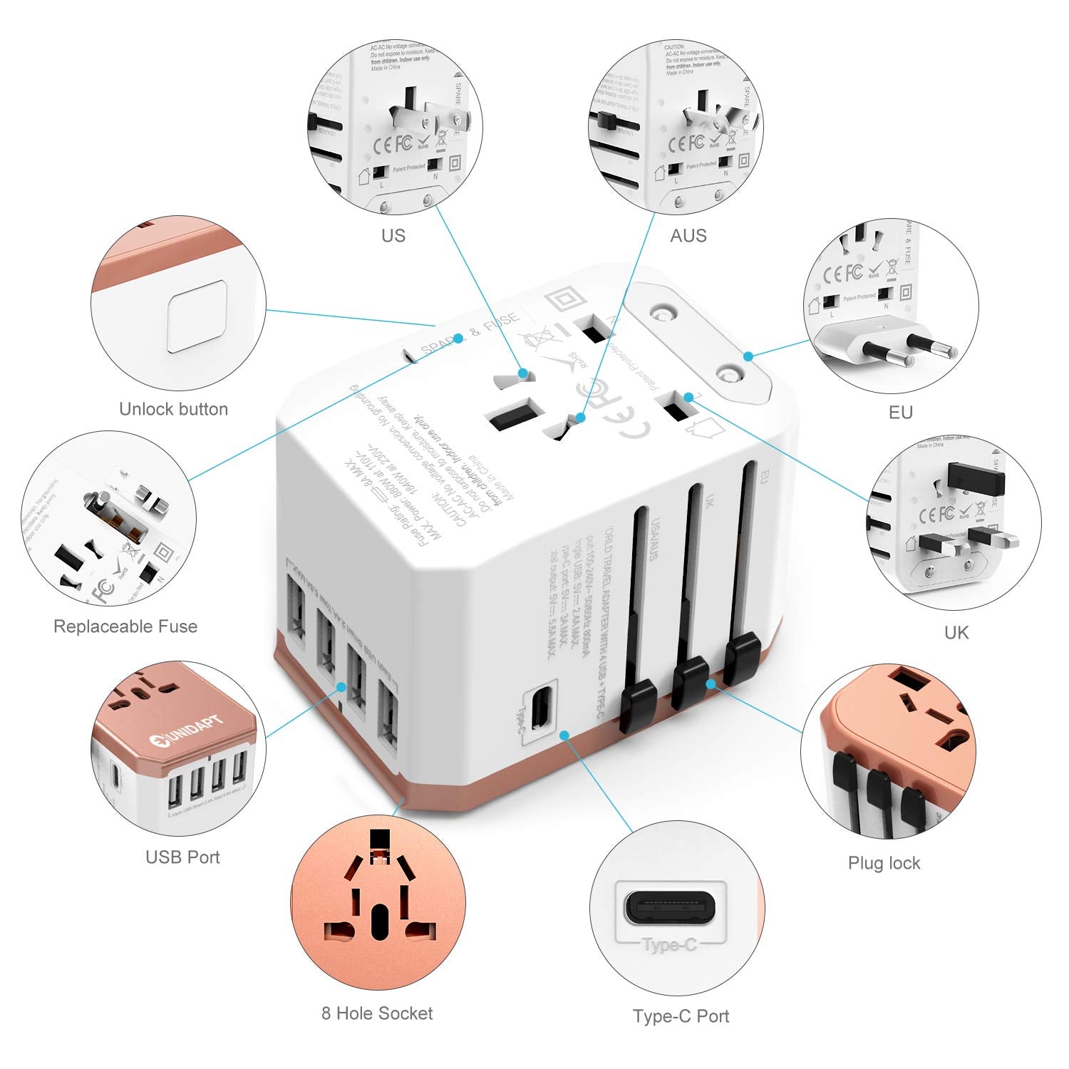 International Plug Adapter, Unidapt Travel Adapter Worldwide   All In One Universal Charger Usb Travel Power Adaptor With 5 Usb