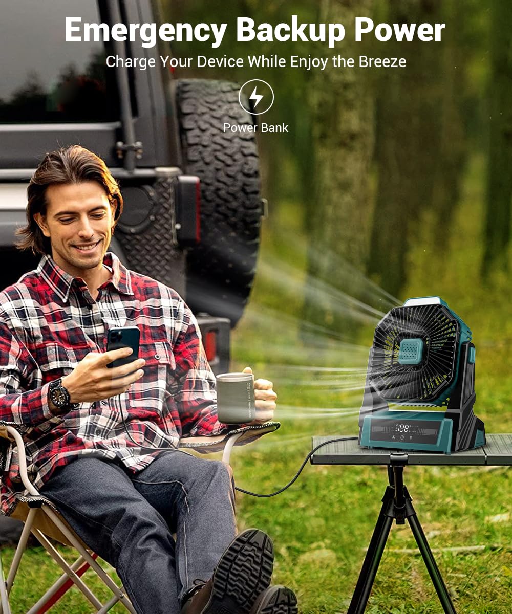 Kopbeau Portable Camping Fan With Lights, 20000Mah Rechargeable Battery Operated Fan, Battery Powered Outdoor Beach Tent With 3