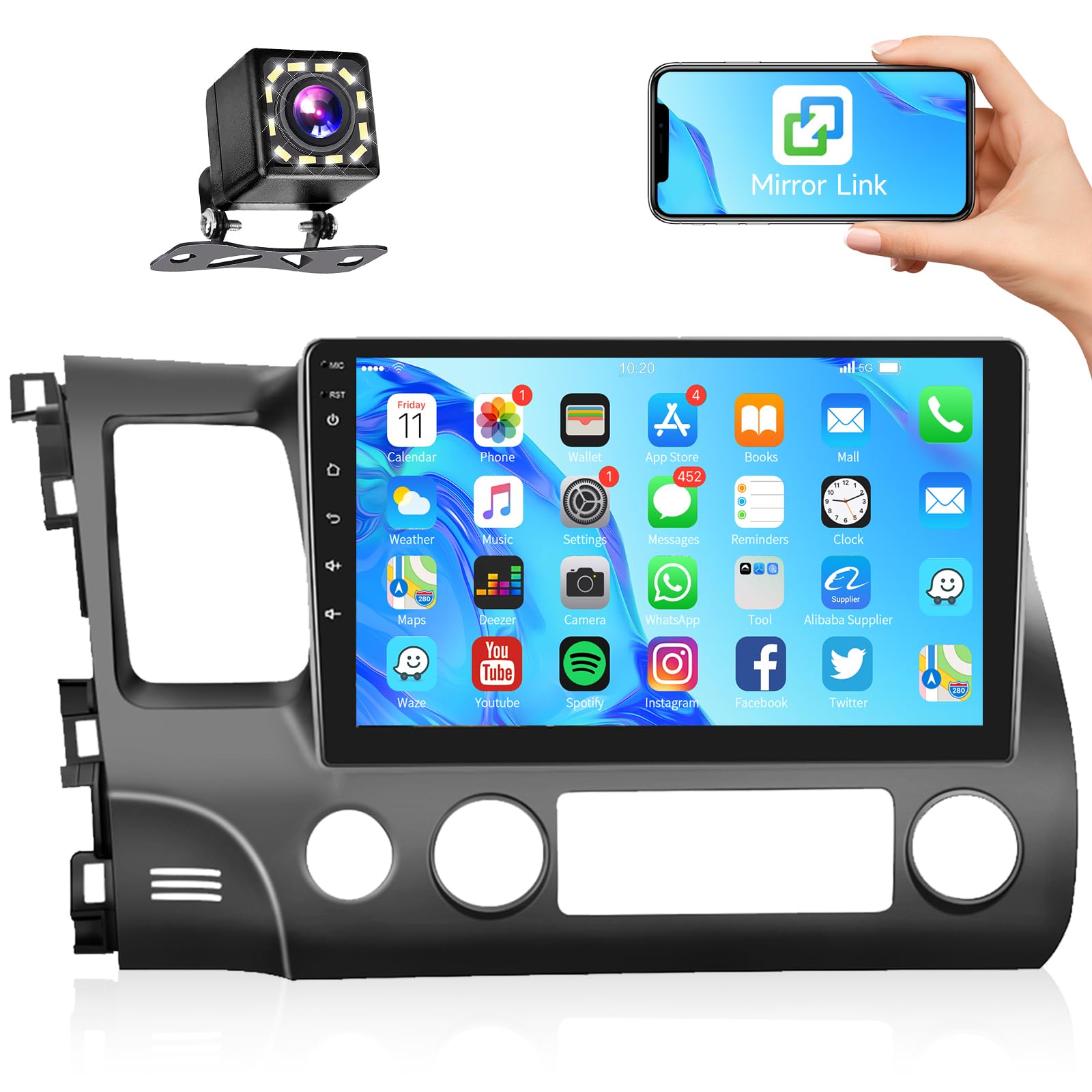 Podofo For Honda Civic 2006 2007 2008 2009 2010 2011 Car Stereo Radio 10.1 Inch Android Touch Screen Bluetooth Car Radio Audio With Gps Navigation Wifi Mirror Link Eq Fm/Rds Backup Camera