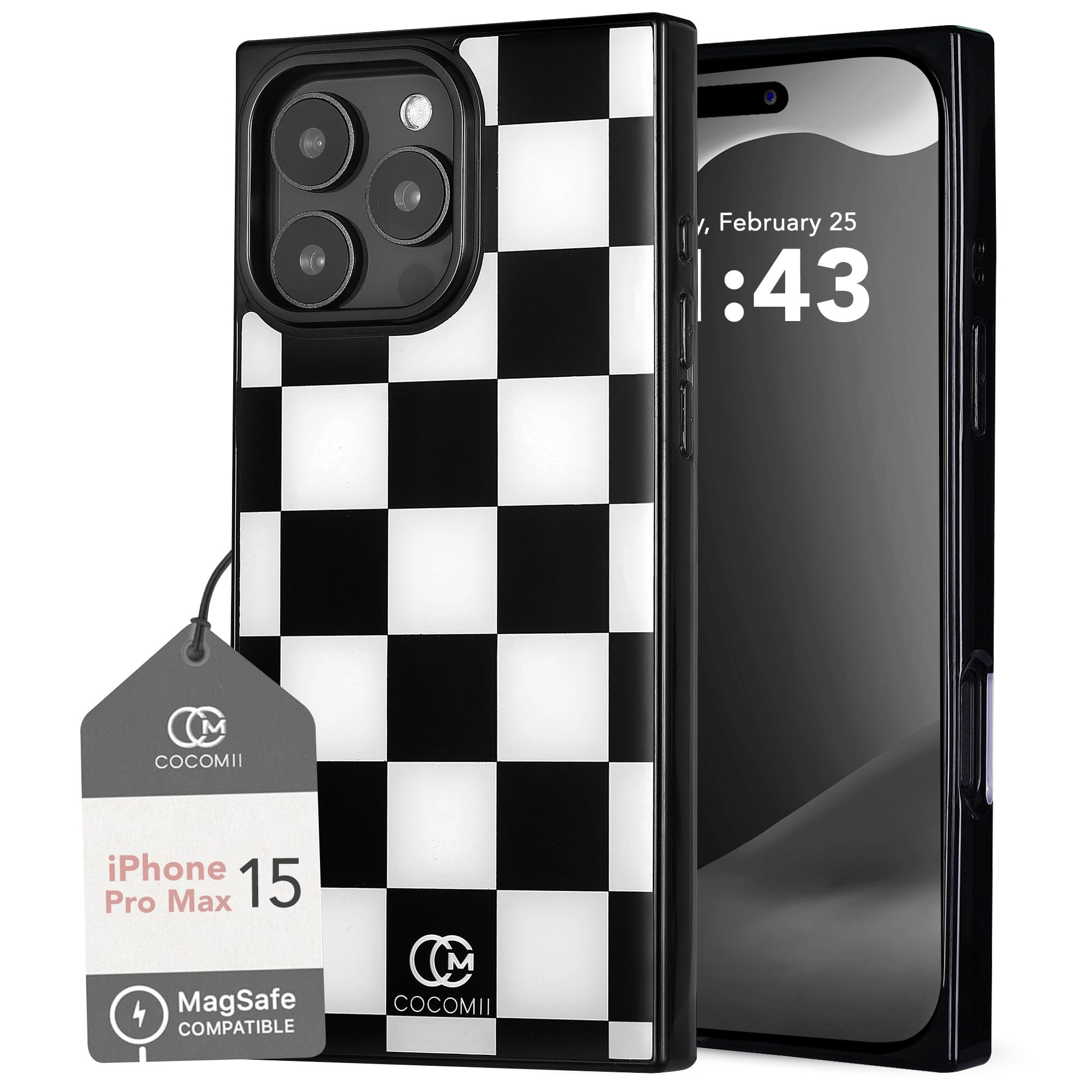 COCOMII Rectangle Case for iPhone 15 Pro Max, Compatible with MagSafe, Monochrome Checkered
