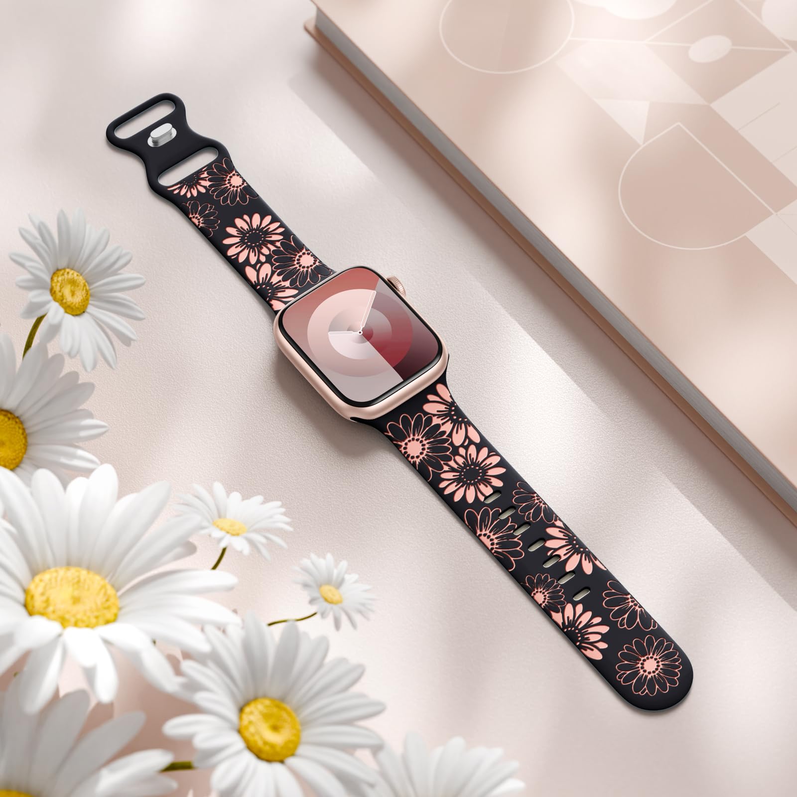 Daqin Floral Engraved Band Compatible With Apple Watch Bands 44Mm 45Mm 46Mm 42Mm 49Mm Women, Cute Two Tone Flower Soft Silicone