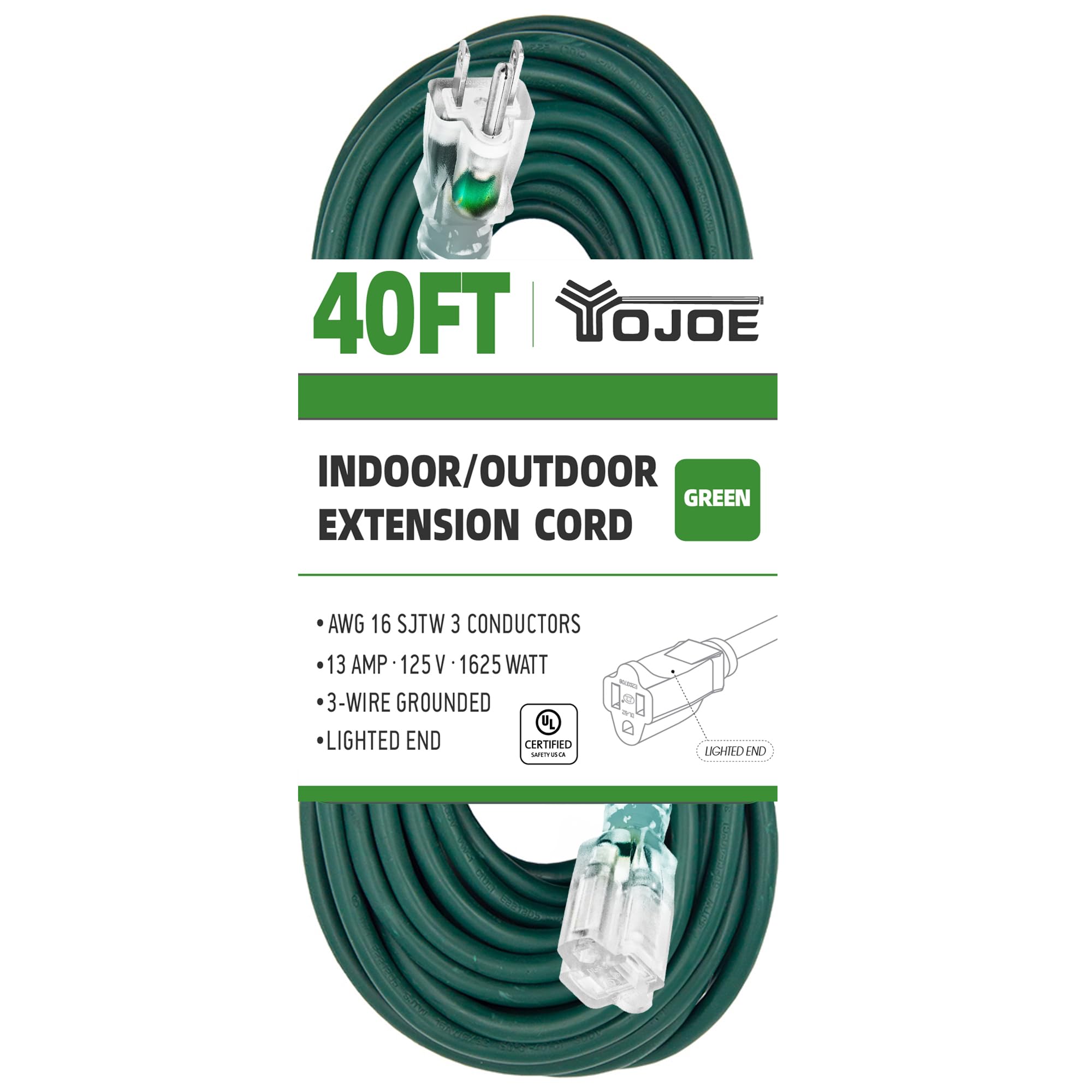 Yojoe Indoor Outdoor Extension Cord With Lighted End, 3 Prong 13A Weatherproof Power Extension Cord, 16 Gauge Heavy Duty 40 Ft G
