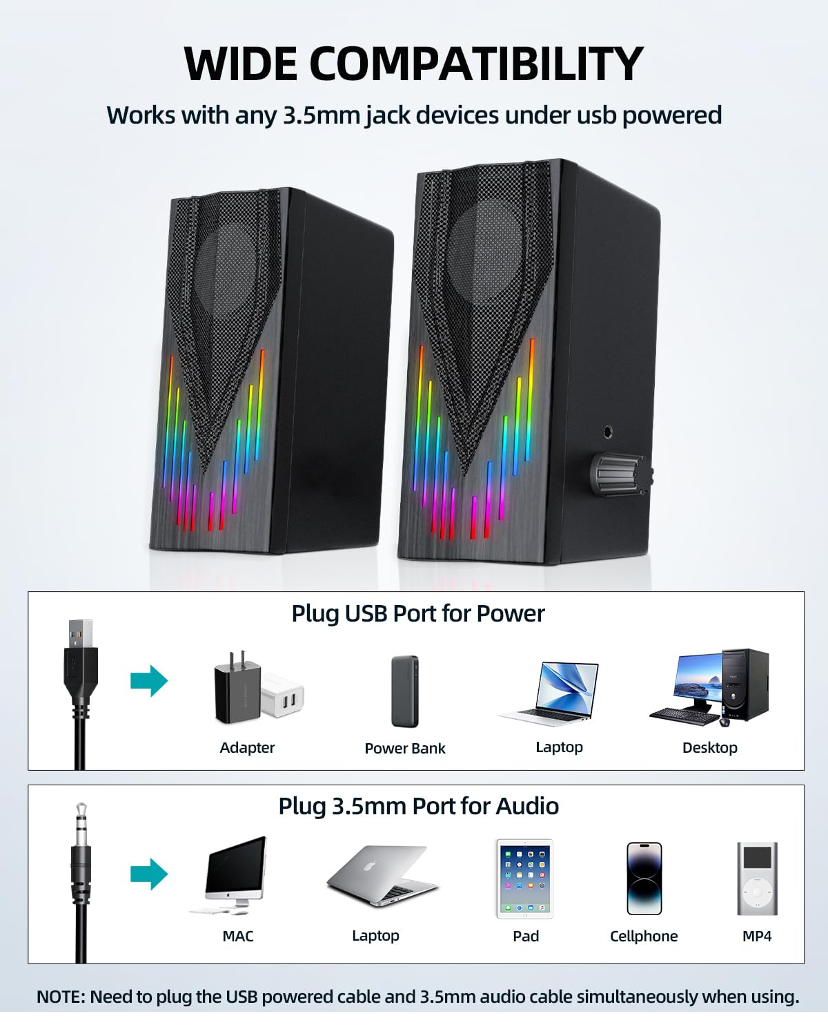 Uakinat Computer Speakers,Computer Speakers For Desktop Pc,Computer Speakers For Laptop, With 6 Colorful Rgb Lights,3.5Mm Aux Co