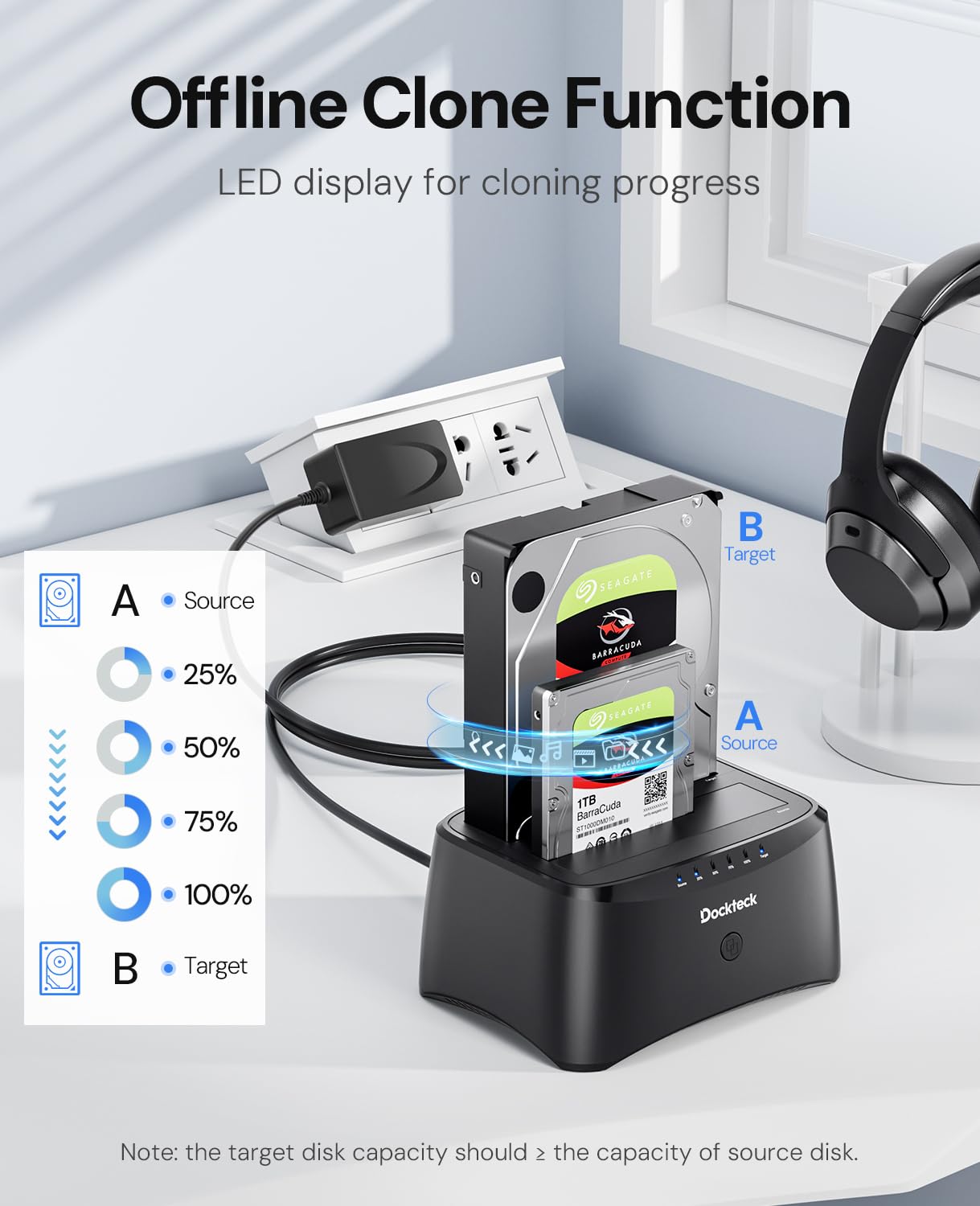 Hard Drive Docking Station, Dockteck Usb 3.0 To Sata Dual Bay External Hard Drive Enclosure For 3.5 Or 2.5 Inch Sata Hdd Ssd Wit