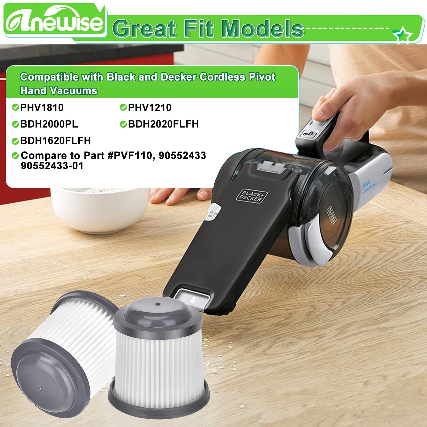 Anewise Pvf110 Filter Replacement For Black And Decker Pivot Bdh2000Pl Bdh2020Flfh Phv1810 Phv1210 Phv1410 Bdh1620Flfh Hand Vacu