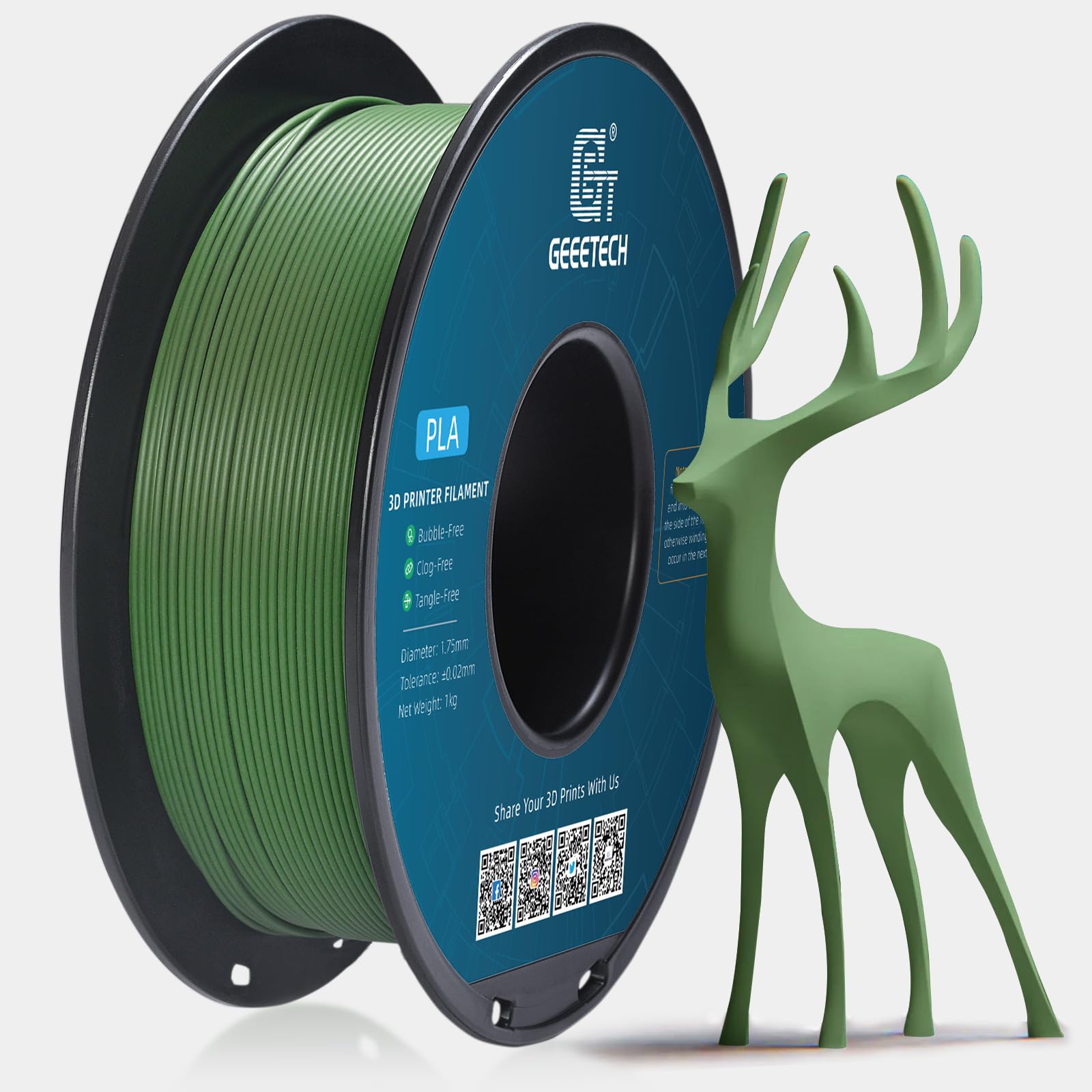 GEEETECH Matte PLA Filament 1.75mm, Olive Green PLA Matte 3D Printer Filament 1kg Spool (2.2lbs), Dimensional Accuracy +/- 0.02 