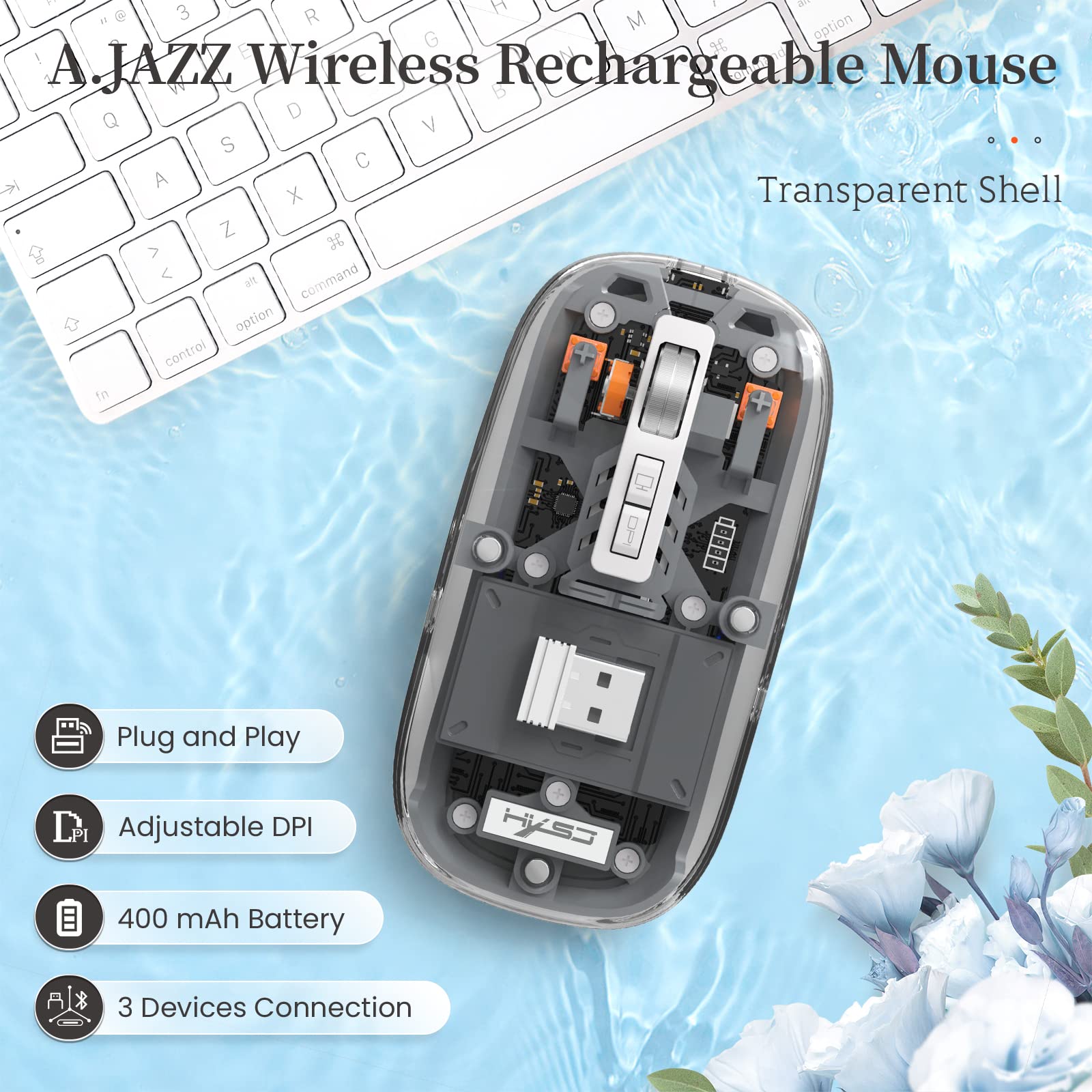 A.Jazz Wireless Bluetooth5.1&2.4G Mini Lightweight Mouse,Transparent Clear Cool,Rechargeable Silent Computer Mice,Nano Usb C Rec