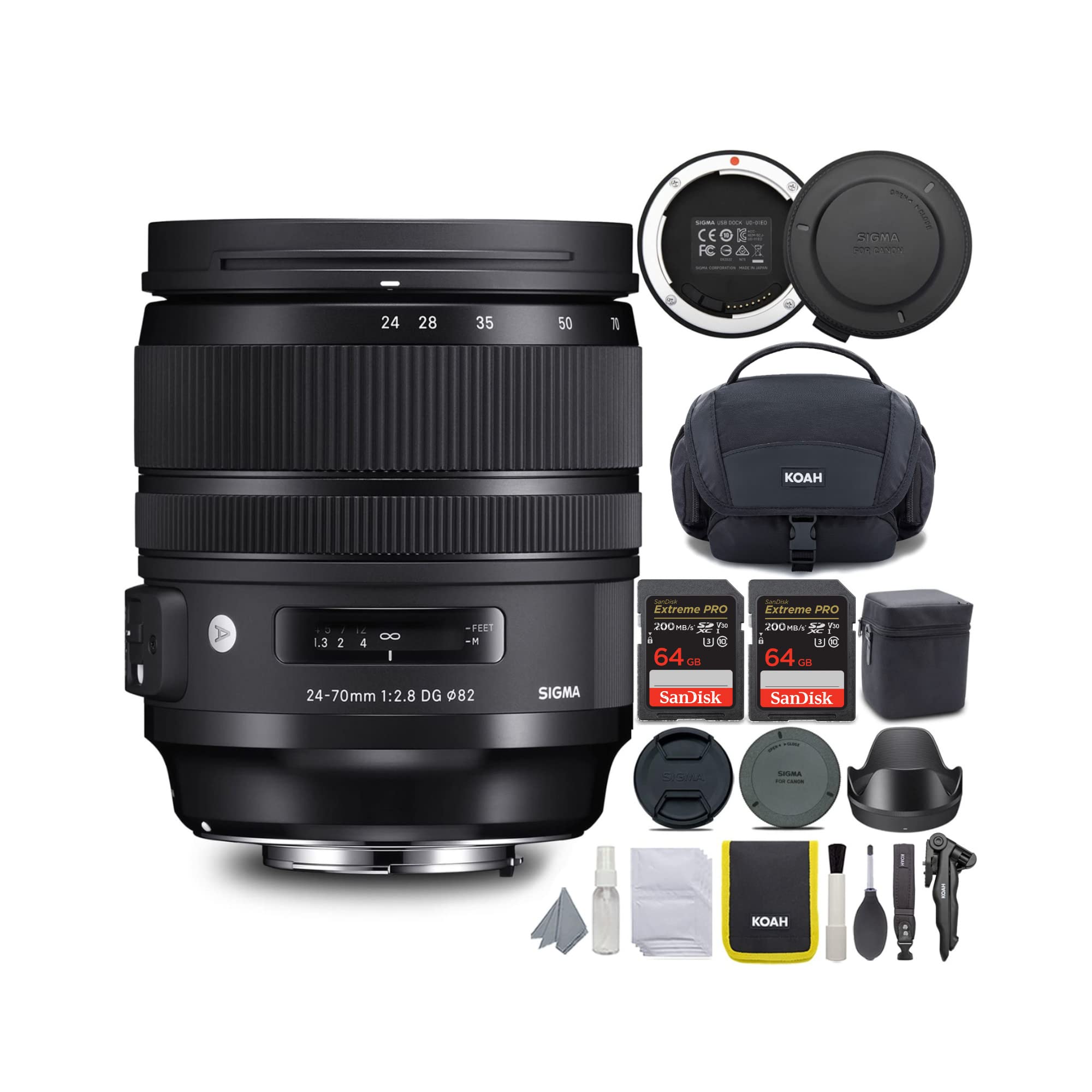 Sigma 2470mm f/2.8 DG OS HSM Art Canon EF Lens Bundle with USB Dock, 64GB SD Memory Card, and Camera System Gadget Bag with Acc