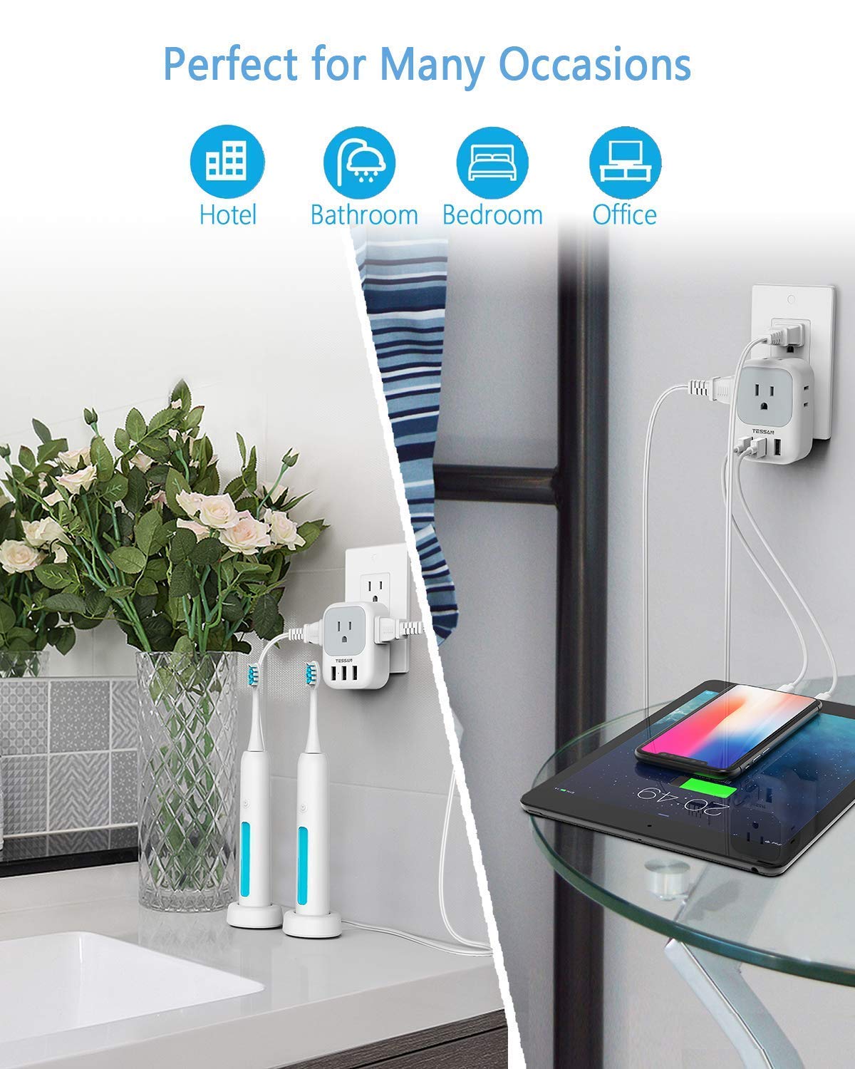 Multiple Plug Outlet Splitter With Usb Wall Charger, Tessan 4 Electrical Outlet Extender With 3 Usb Ports, Multi Power Outlet Ex