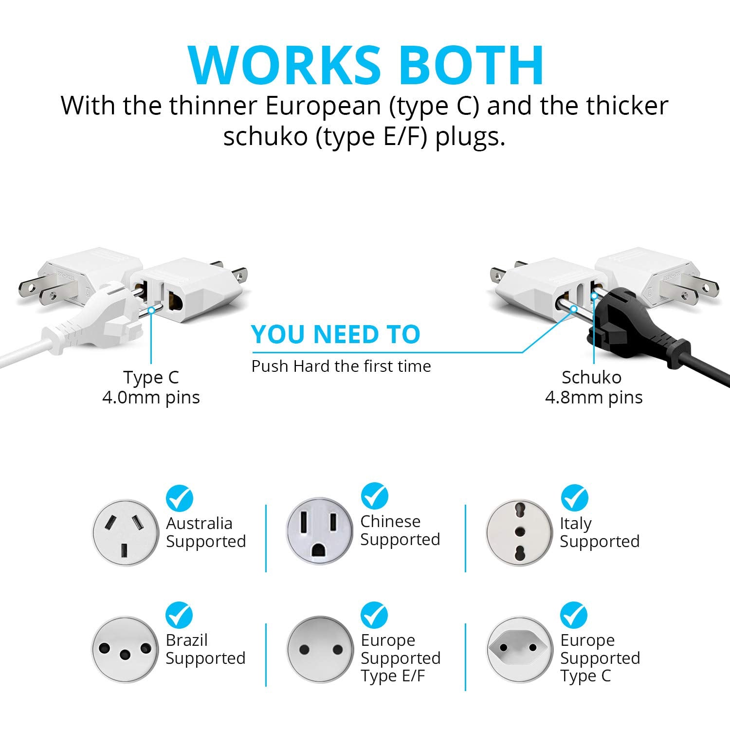 European To Us Plug Adapter, Unidapt Eu To Us Plug Adapter, Europe To Usa Plug Adaptor, 220V To 110V Plug Pin Converter, Travel Adapters European To American, Canada, Mexico, Type A, 2 Pack