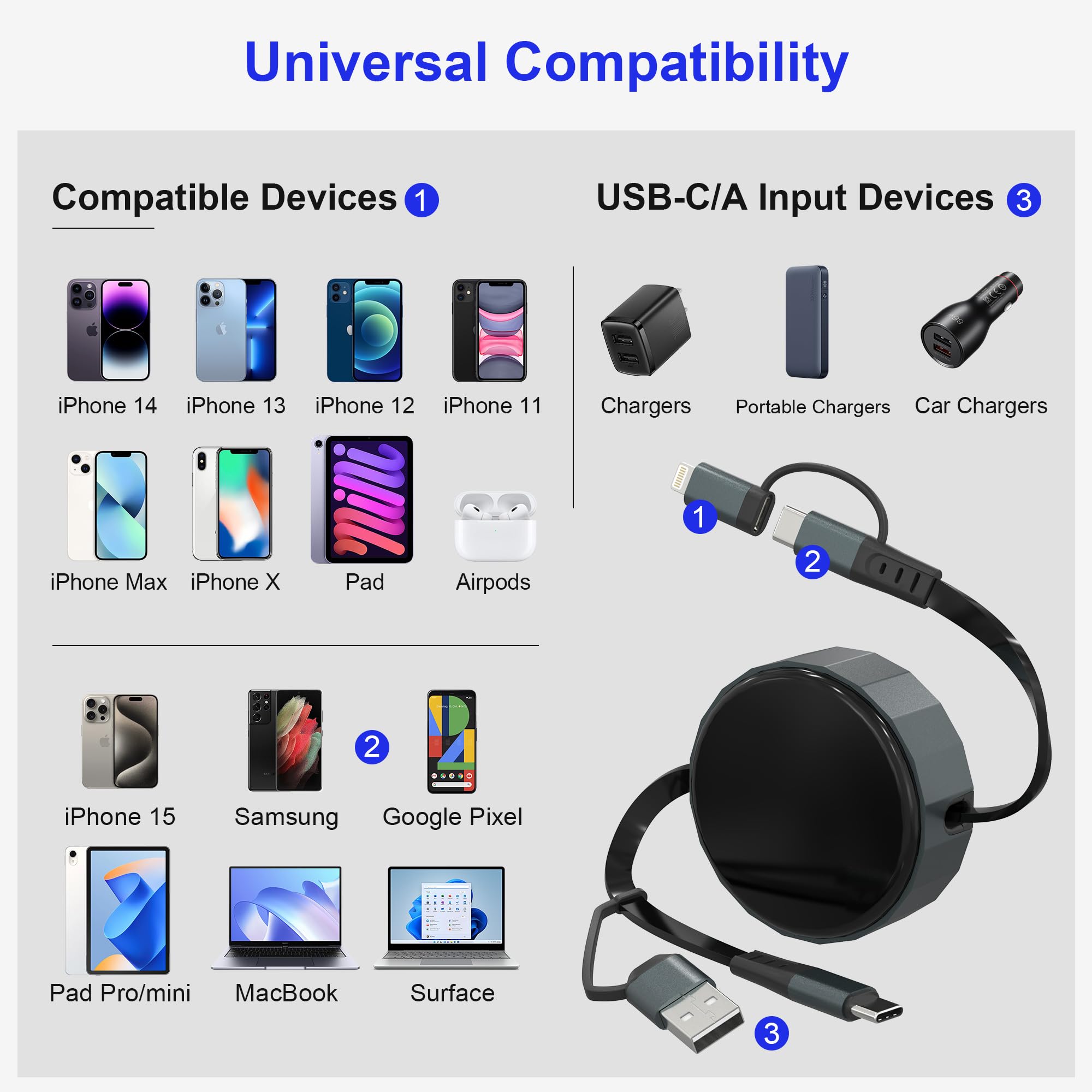 Retractable Usb C Lightning Cable For Iphone Ipad Samsung   60W Retractable Phone Charger[Mfi Certified], Apple Carplay & Androi