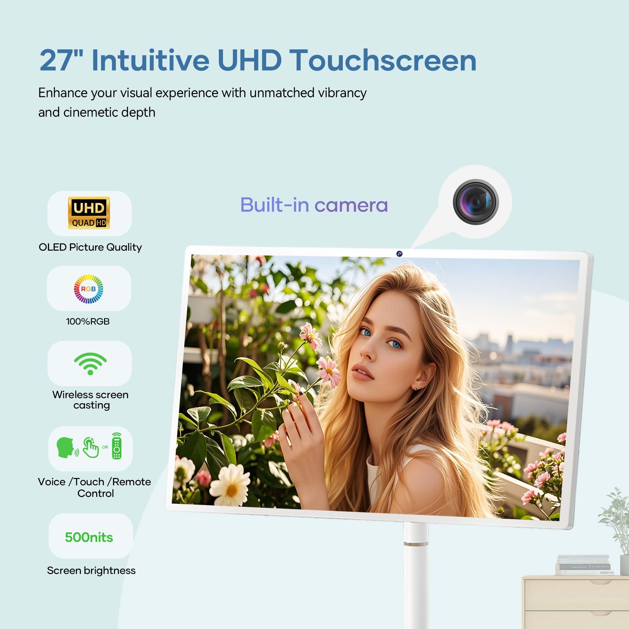 27-Inch Portable Smart Tv On Wheels With Touch Screen Monitor | 8G Ram +128G Storage | 8-Core Cpu Qualcomm | Built-In 8-10H Batt