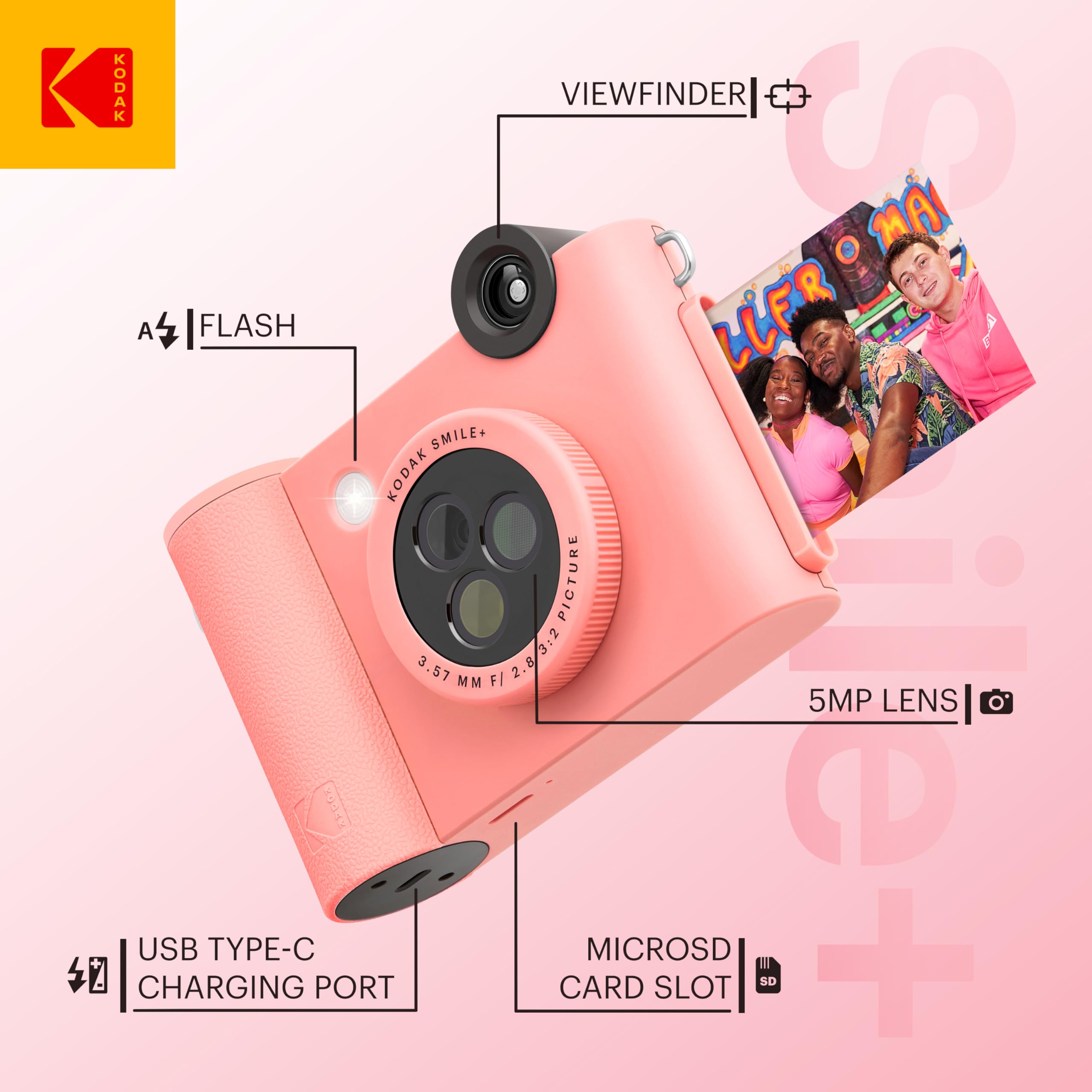 Kodak Smile+ Wireless Digital Instant Print Camera With Effect Changing Lens, 2X3    Sticky Backed Photo Prints, And Zink Printi