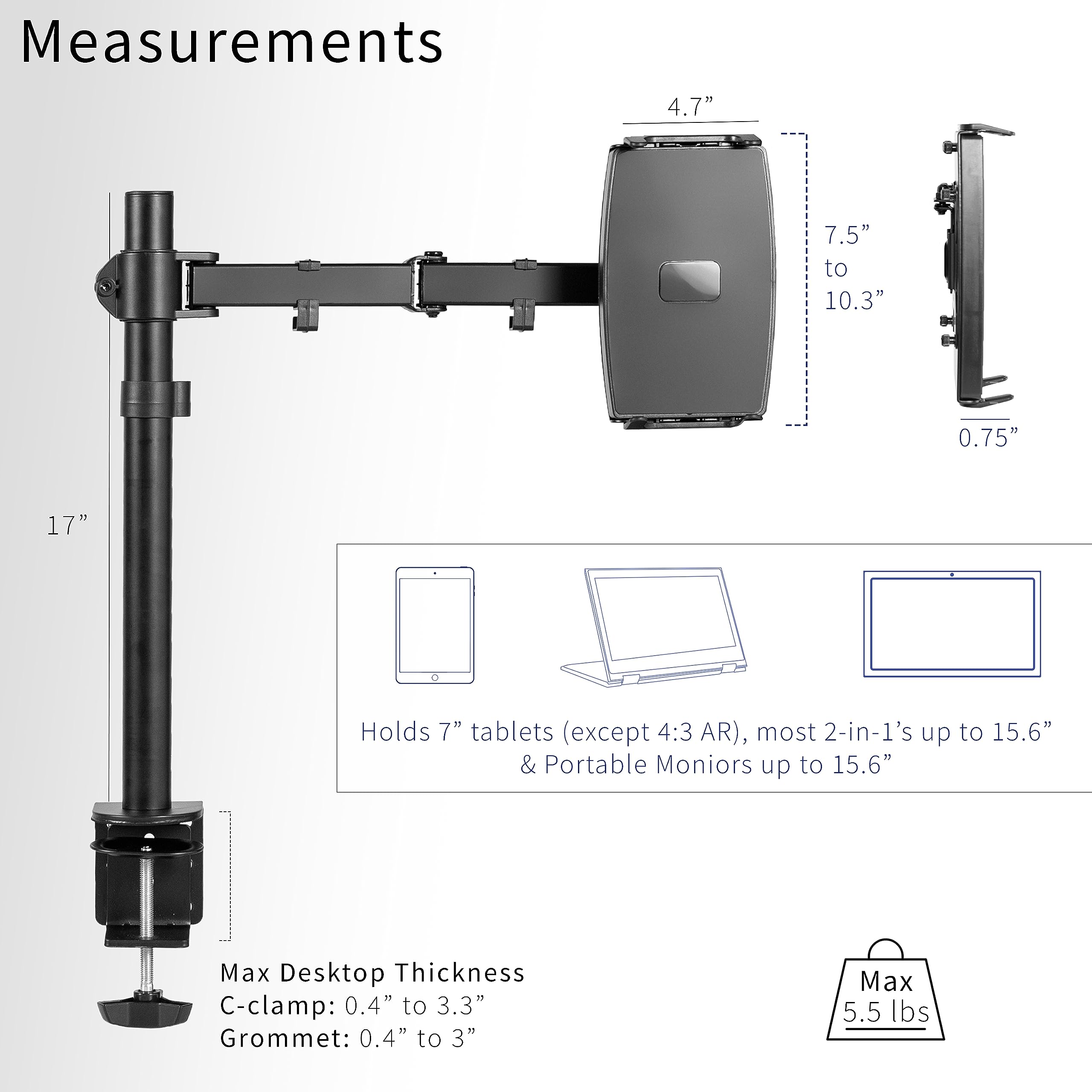 VIVO Universal Tablet Desk Mount, Single Arm Adapter for 2 in 1 Laptops, Holds up to 15.6 inch Portable Monitors Without VESA Holes, Fully Adjustable Stand, Black, STAND V001UVM