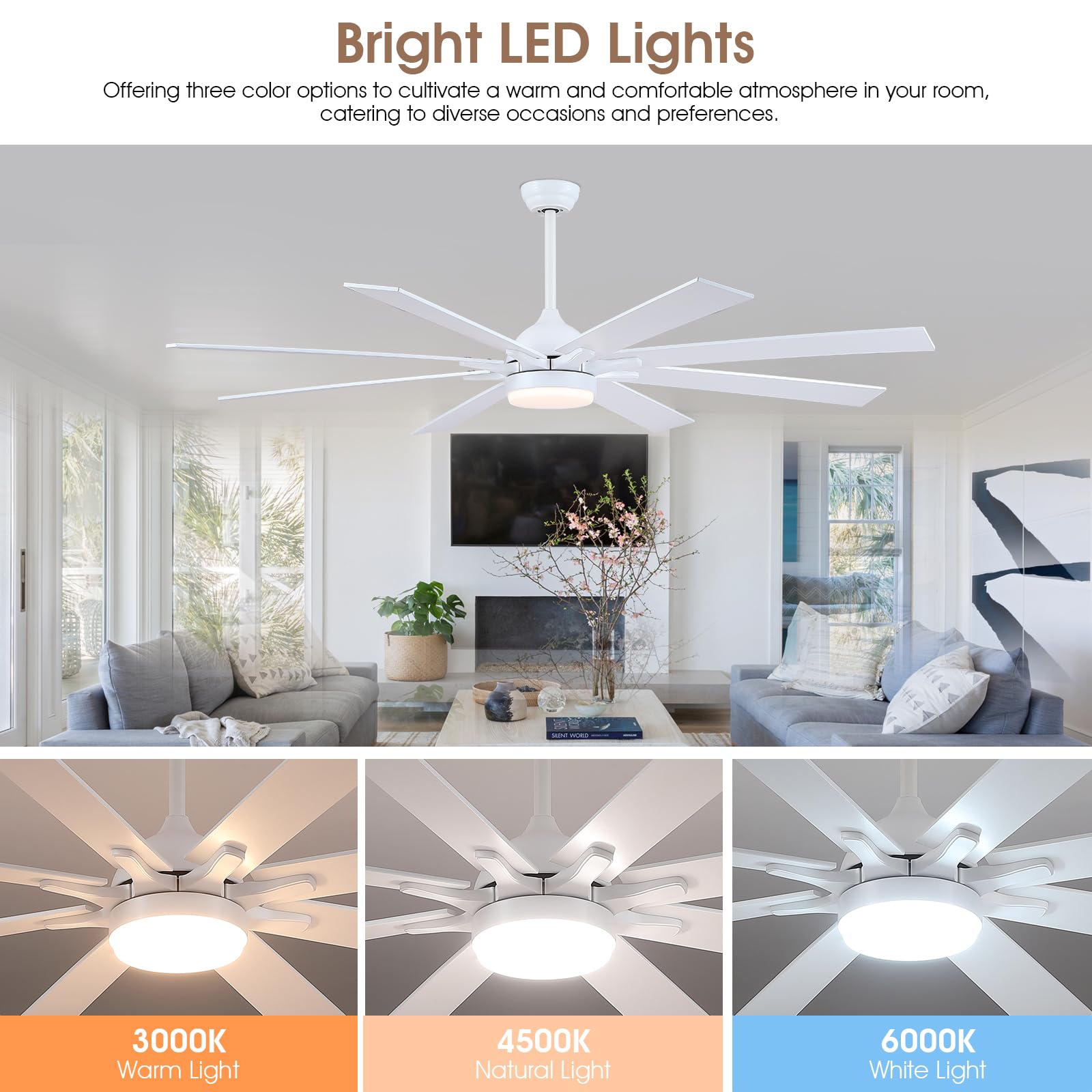 Kviflon Modern Ceiling Fans With Lights And Remote, Indoor 72 Inch White Ceiling Fan With Light For Living Room Bedroom, Large O