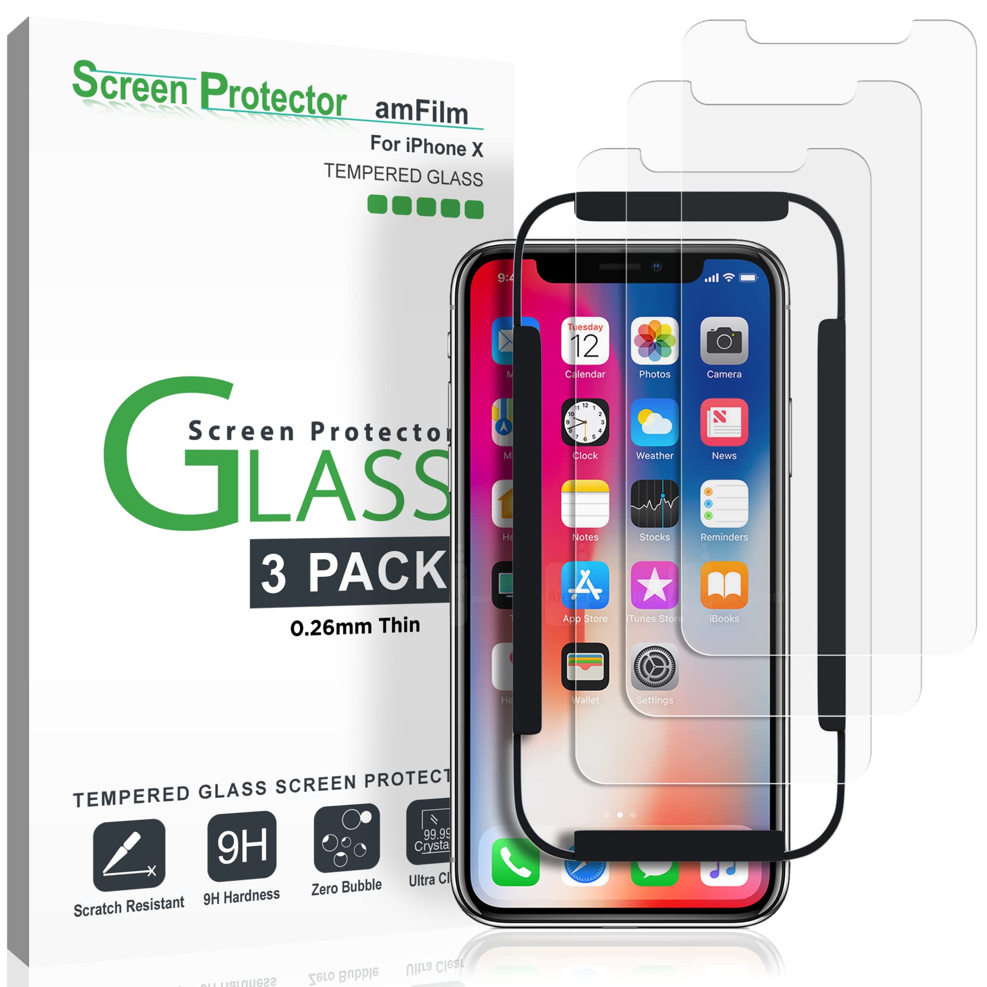 Amfilm (3 Pack) Iphone Xs/X Screen Protector, 0.26Mm 9H Tempered Glass Screen Protector With Easy Installation Tray For Apple Ip