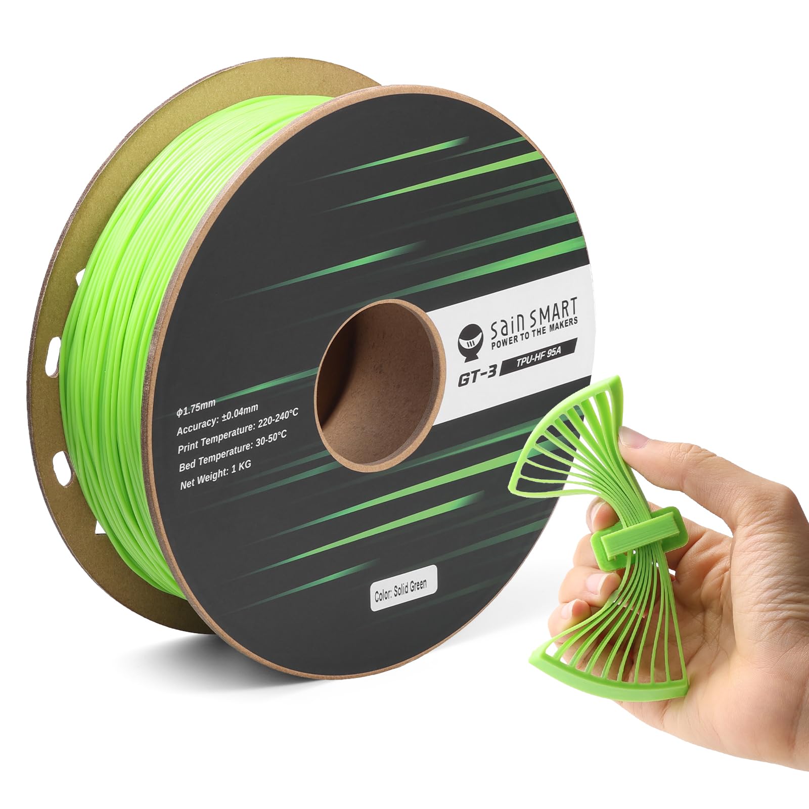 SainSmart TPU Filament 1.75mm, GT-3 Flexible 3D Printer Filament for High-Speed Printing 500mm/s, Green, 2.2 LBS (1KG) Spool, Di