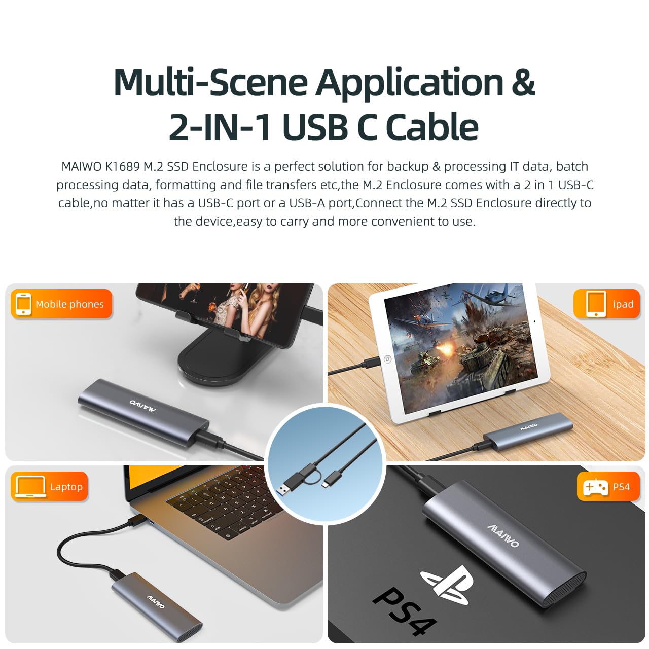 Maiwo M.2 Ssd Enclosure 10Gbps For Nvme & Sata,Tool Free Nvme Enclosure Usb C/Usb A, M.2 Enclosure Aluminum With 17.71In Cable, Ssd Enclosure For M2 2230/2242/2260/2280 M Key/(B+M) Key Grey