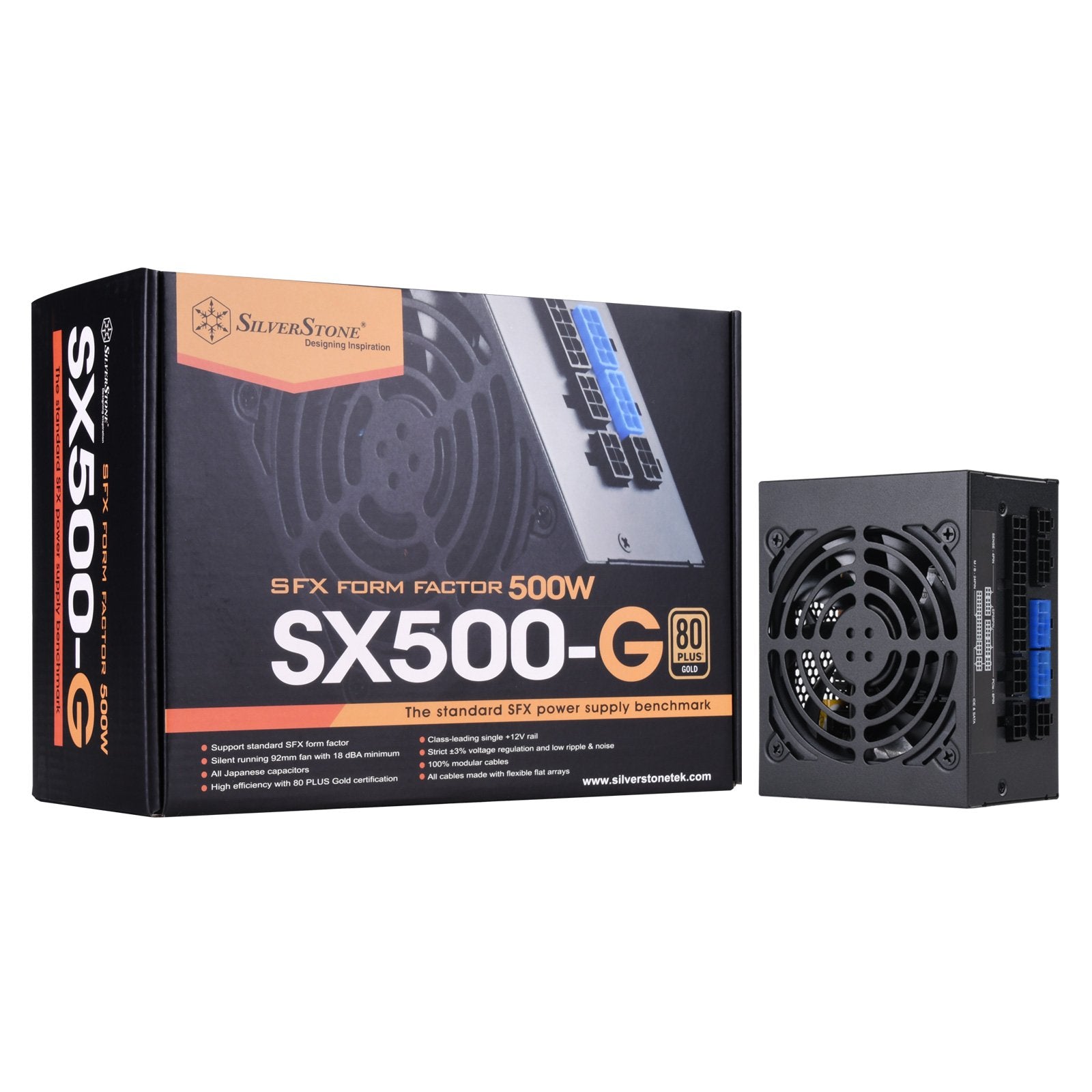 500W, SFX form factor, single +12V rails with 41.7A output, Silent 92mmFan with 18dBA, efficiency 80Plus Gold certification, ful