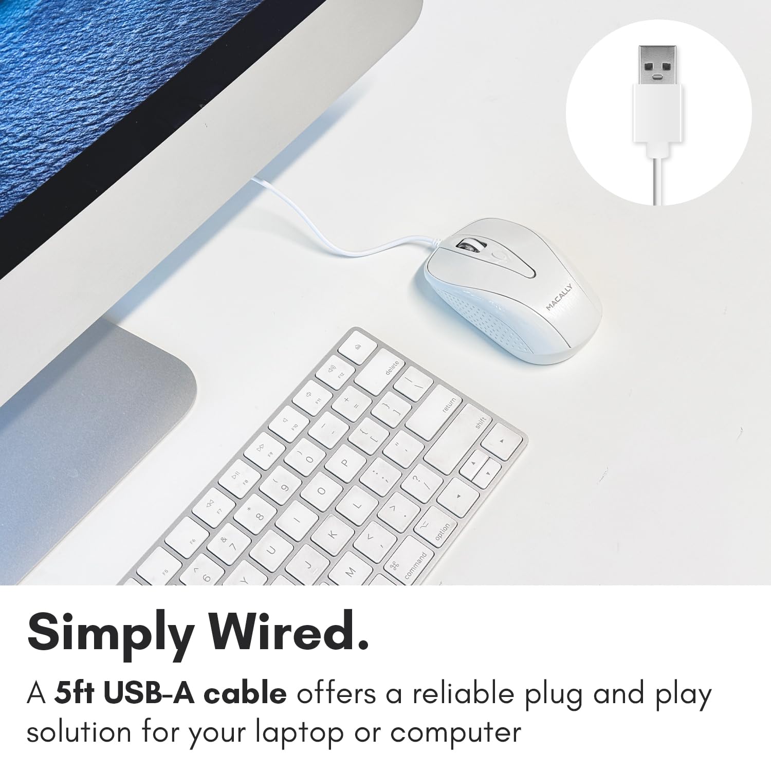 Macally Usb Wired Mouse With 3 Button, Scroll Wheel, & 5 Foot Long Cord, Usb Mouse For Laptop And Desktop, Computer Mouse Wired