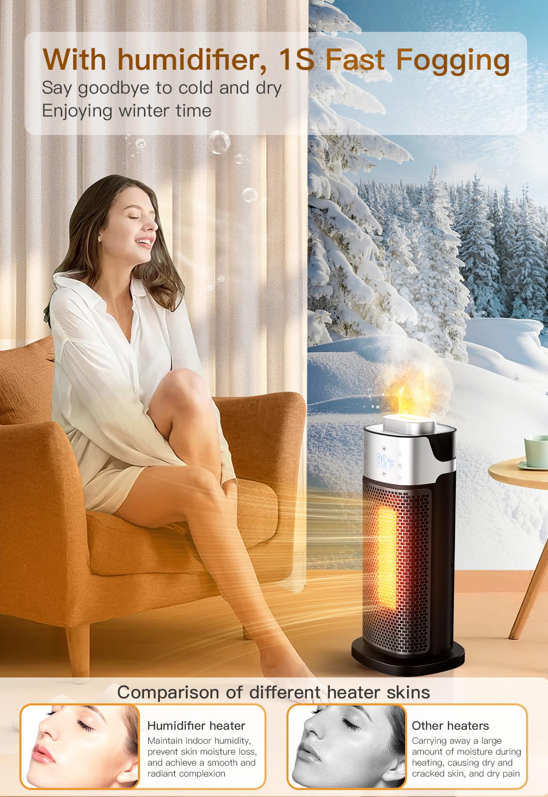 Space Heaters For Indoor Use, Staholz 3 In 1 Electric Heater With Humidifier With 3D Flame Ambient Light, 1500W Portable Heater