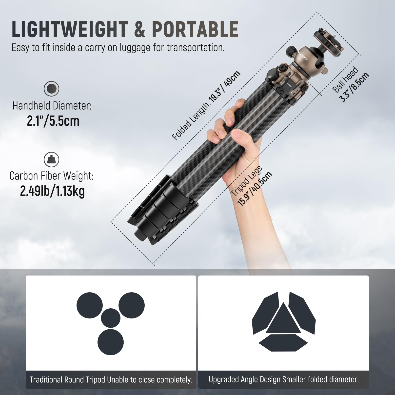 Neewer Litetrip Lt35 61  Travel Tripod Carbon Fiber W Pan Tilt Low Profile Ball Head, Arca Qr Plate Compatible With Peak Design