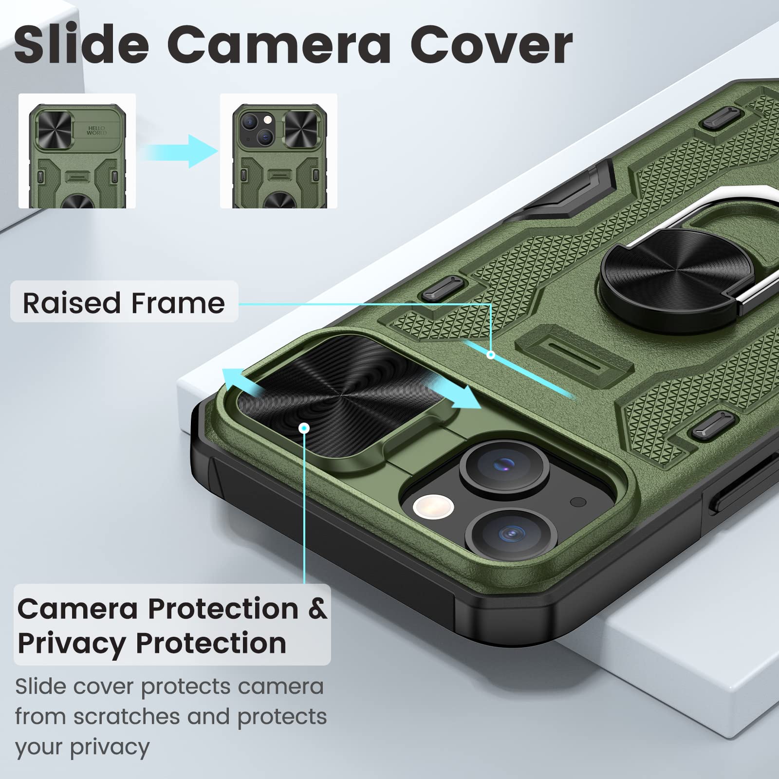 Caka For Iphone 14 Case, Iphone 13 Phone Case With Camera Cover & Kickstand, Built In 360   Rotate Ring Stand With Camera Lens P