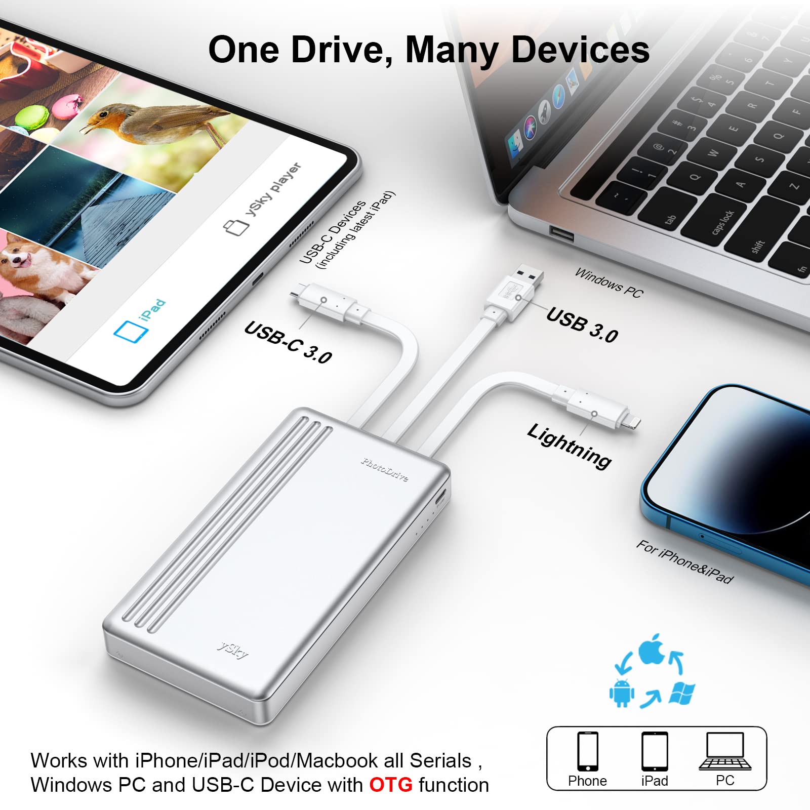 Ysky Portable External Hard Drive For Iphone Ipad Macbook Computer,1Tb Photo Stick Usb Storage Device For Memory Extension Of Io