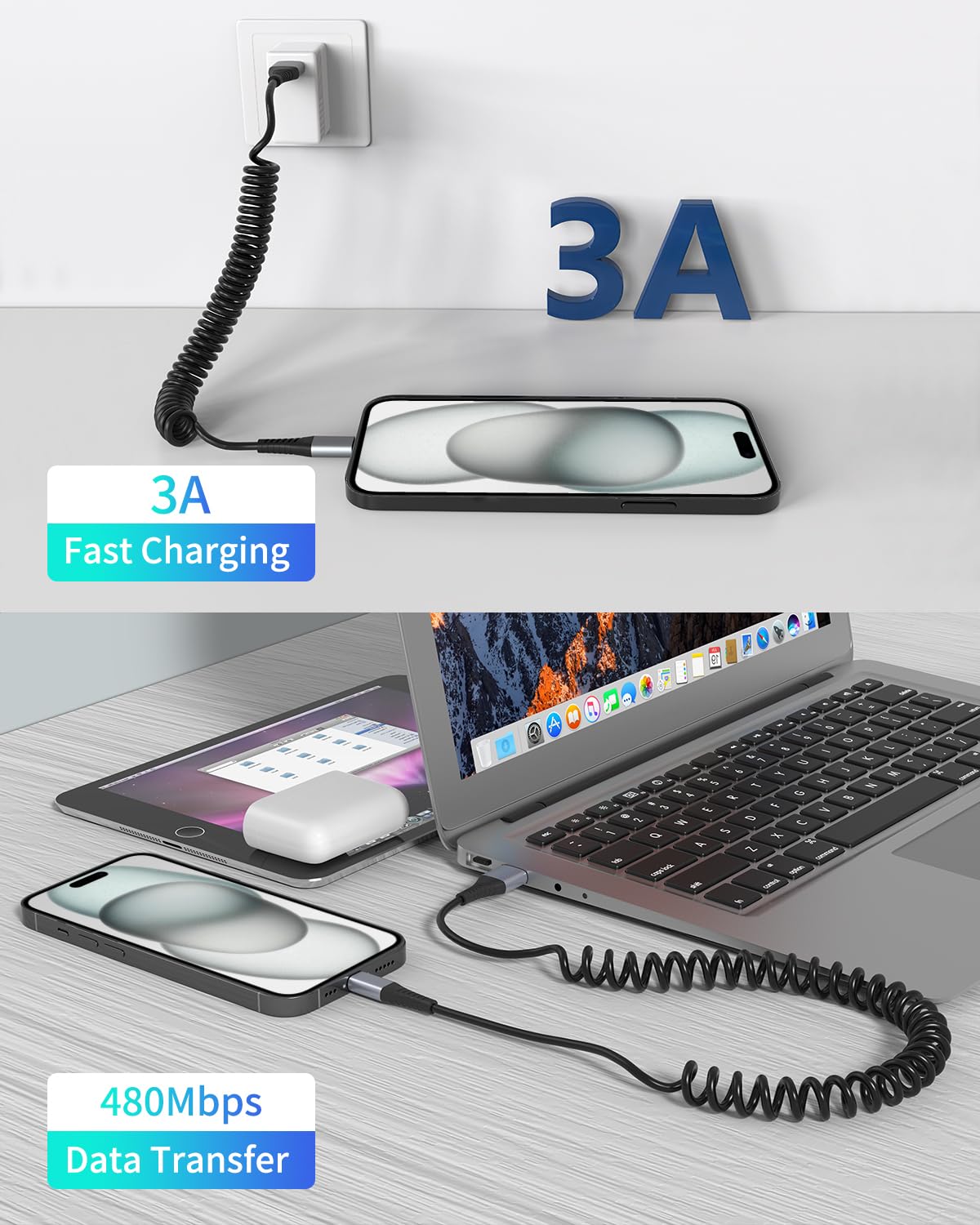 Coiled Usb C Cable, 2 Pack Usb To Usb C Coiled Cable For Car Short Usb C Retractable Cable For Iphone 15 Pro Max, Samsung Galaxy