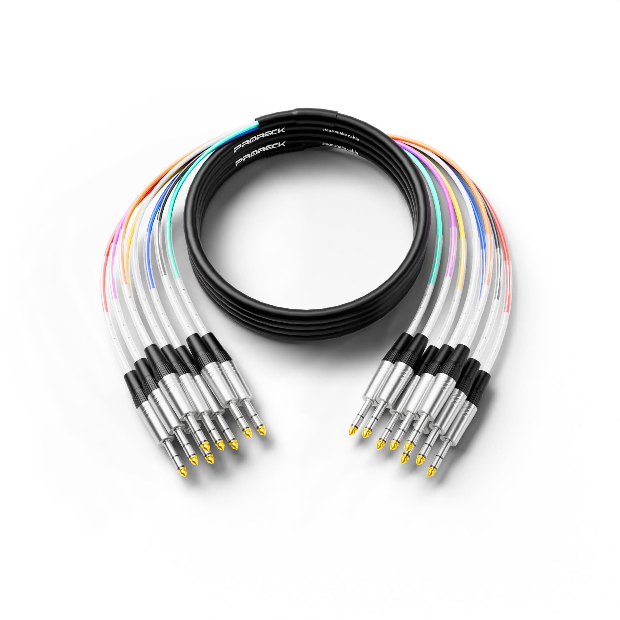PRORECK 15ft Snake Cable, 8-Channel Shielded Audio Cable 1/4 TRS, with Color-Marked Connectors for Professional Stage, Studio,