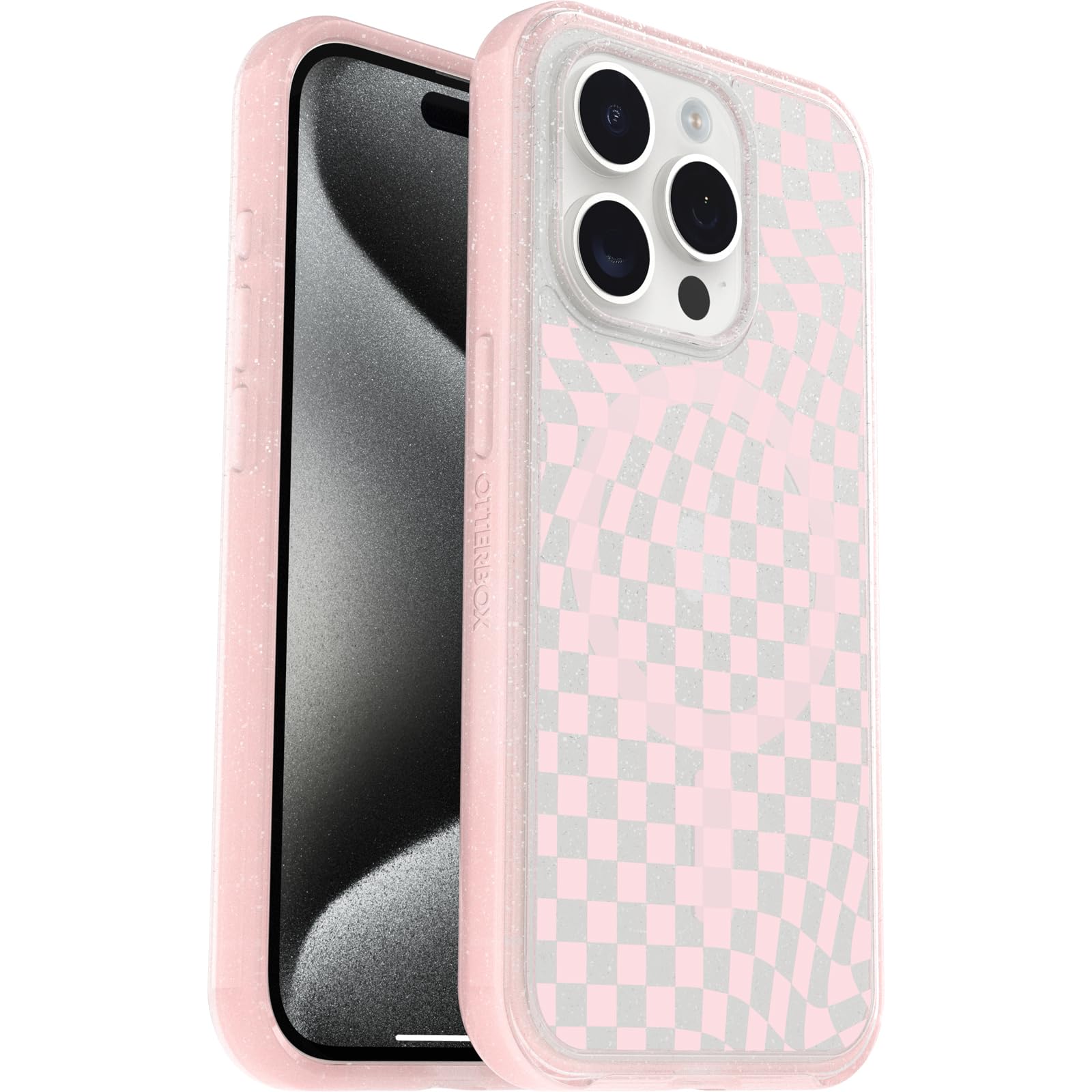 Otterbox Iphone 15 Pro (Only) Symmetry Series Clear Case   Checkmate (Pink), Snaps To Magsafe, Ultra Sleek, Raised Edges Protect