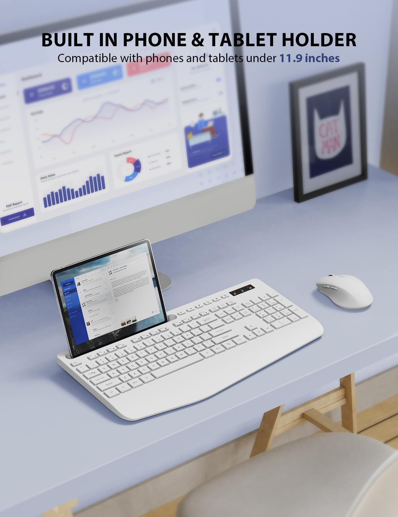 Wireless Keyboard And Mouse Combo   Full Sized Ergonomic Keyboard With Wrist Rest, Phone Holder, Sleep Mode, Silent 2.4Ghz Cordl