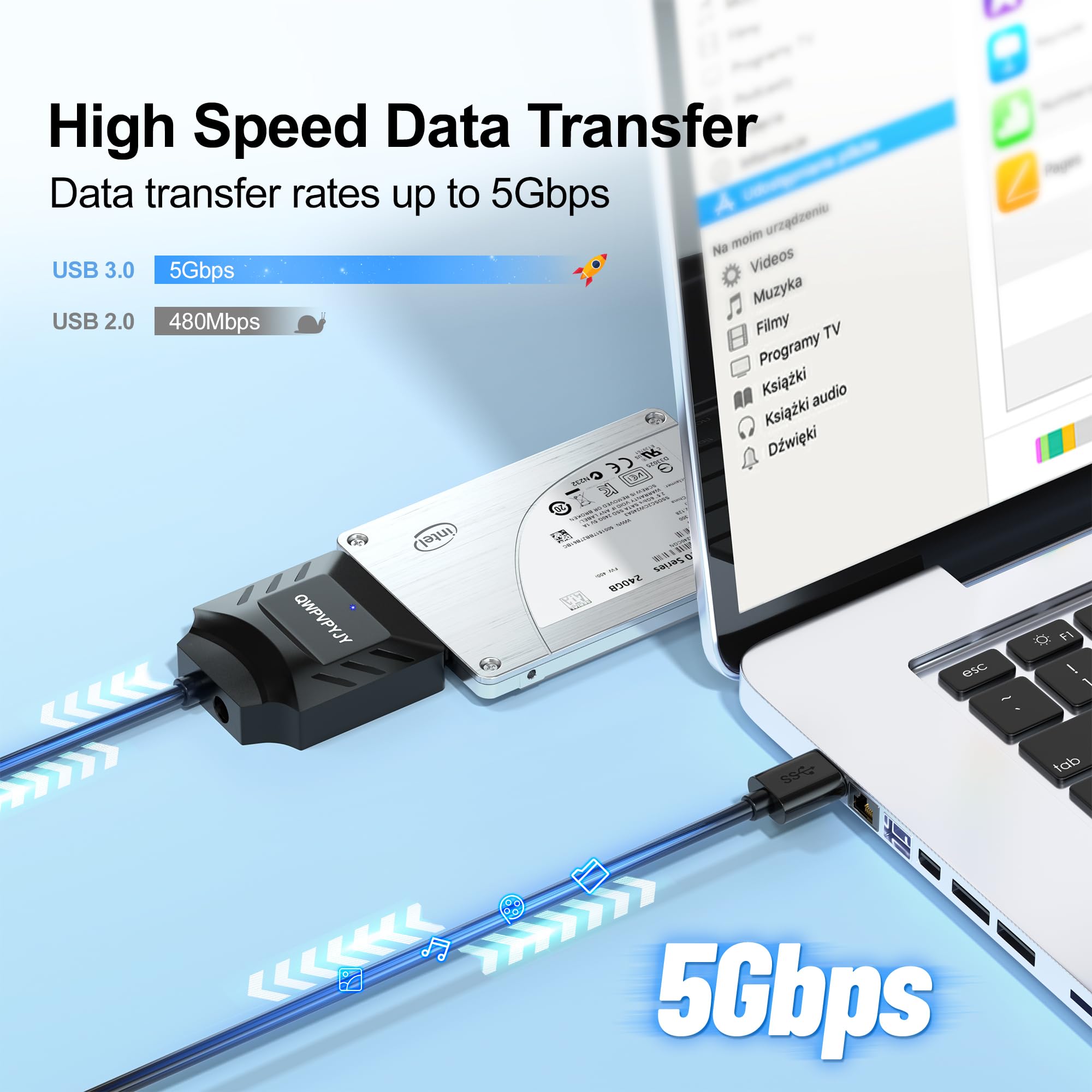 QWPVPYJY USB 3.0 SATA to USB Adapter for 2.5/3.5 inch HDD/SSD with 12V/2A Power Supply Black