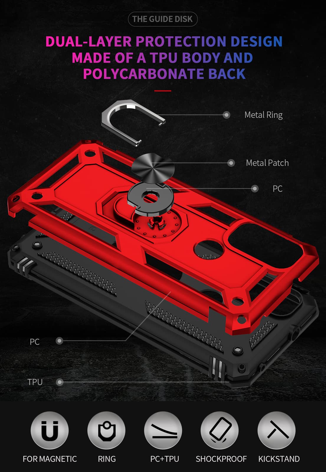 SKTGSLAMY Phone Case Cover for Moto G Pure / G Power 2022 Military Grade 16ft Drop Tested Magnetic Kickstand TPU Red
