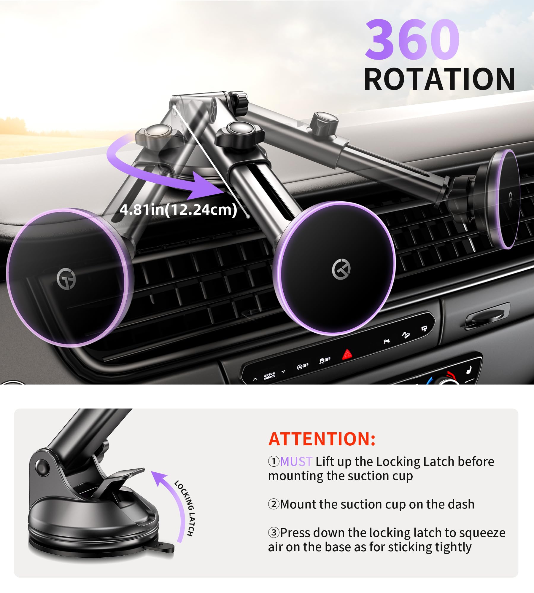 Gumosh For Magsafe Car Mount Charger Dash Vent Windshield Wireless Car Charger With Led Light, Strong Magnetic Phone Holder For