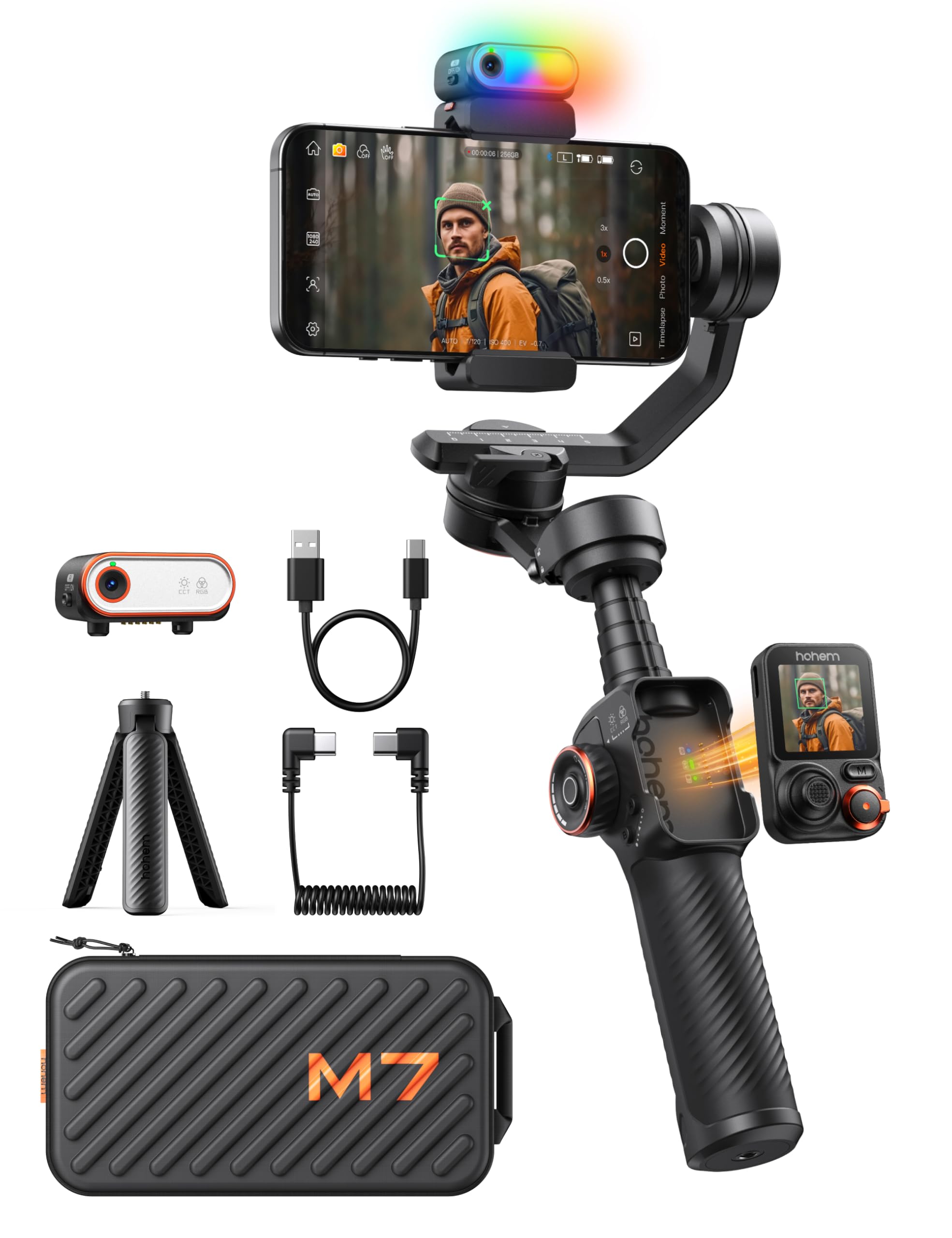 Hohem iSteady M7 Smartphone Gimbal Stabilizer, AI Tracking Sensor with Fill Light, 1.4 Full Color Detachable Touchscreen Remote 