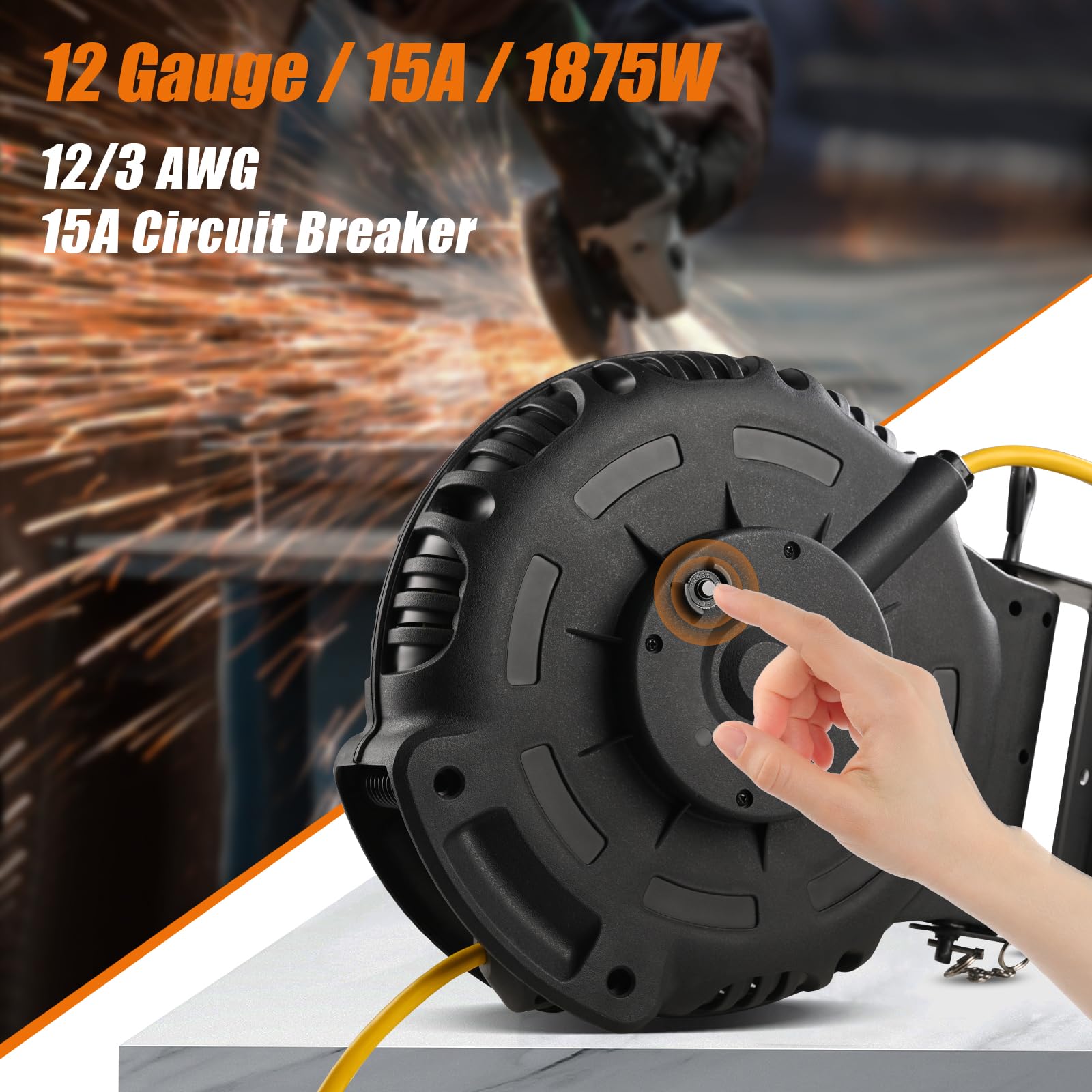 Suraielec 12 Gauge Retractable Extension Cord Reel, 50 Ft 12 Awg/3C Sjtow Heavy Duty Power Cord, 3 Outlets Triple Tap, 15 Amp Ci