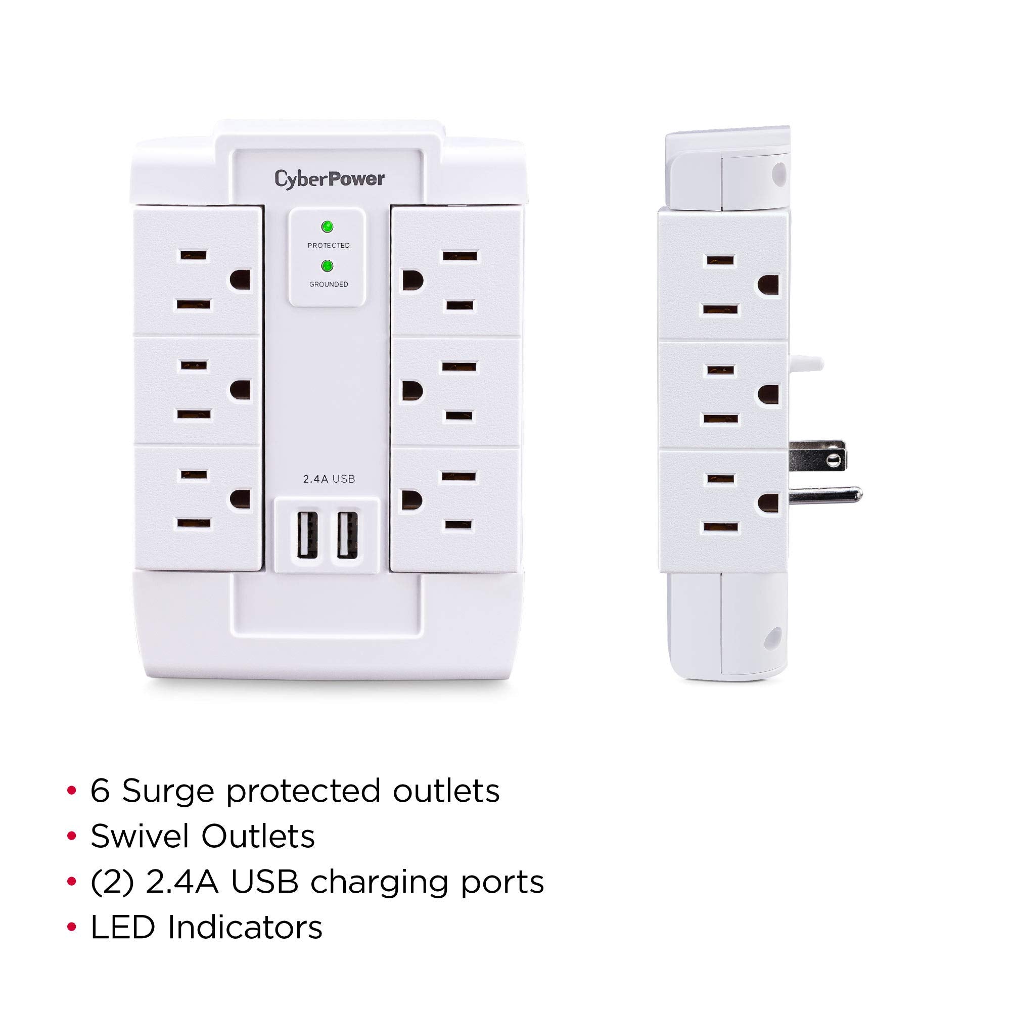 Cyberpower Csp600Wsurc2 Surge Protector, 1200J/125V, 6 Swivel Outlets, 2 Usb Charging Ports, Wall Tap Design, White