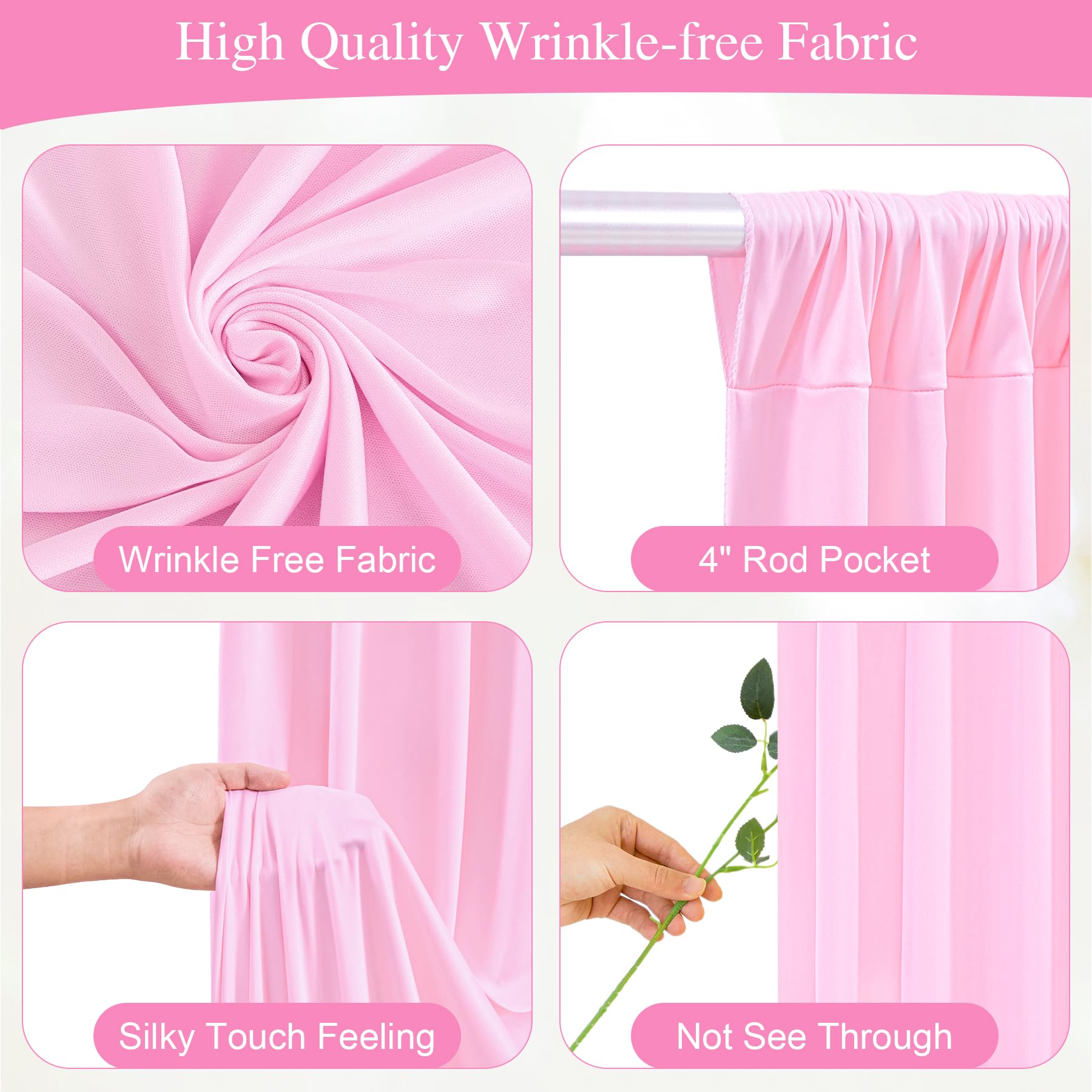 Pink Backdrop Curtains With Lights For Parties,10X10Ft Wrinkle Free Polyester Wedding Photo Backdrop Curtains For Baby Shower Bi
