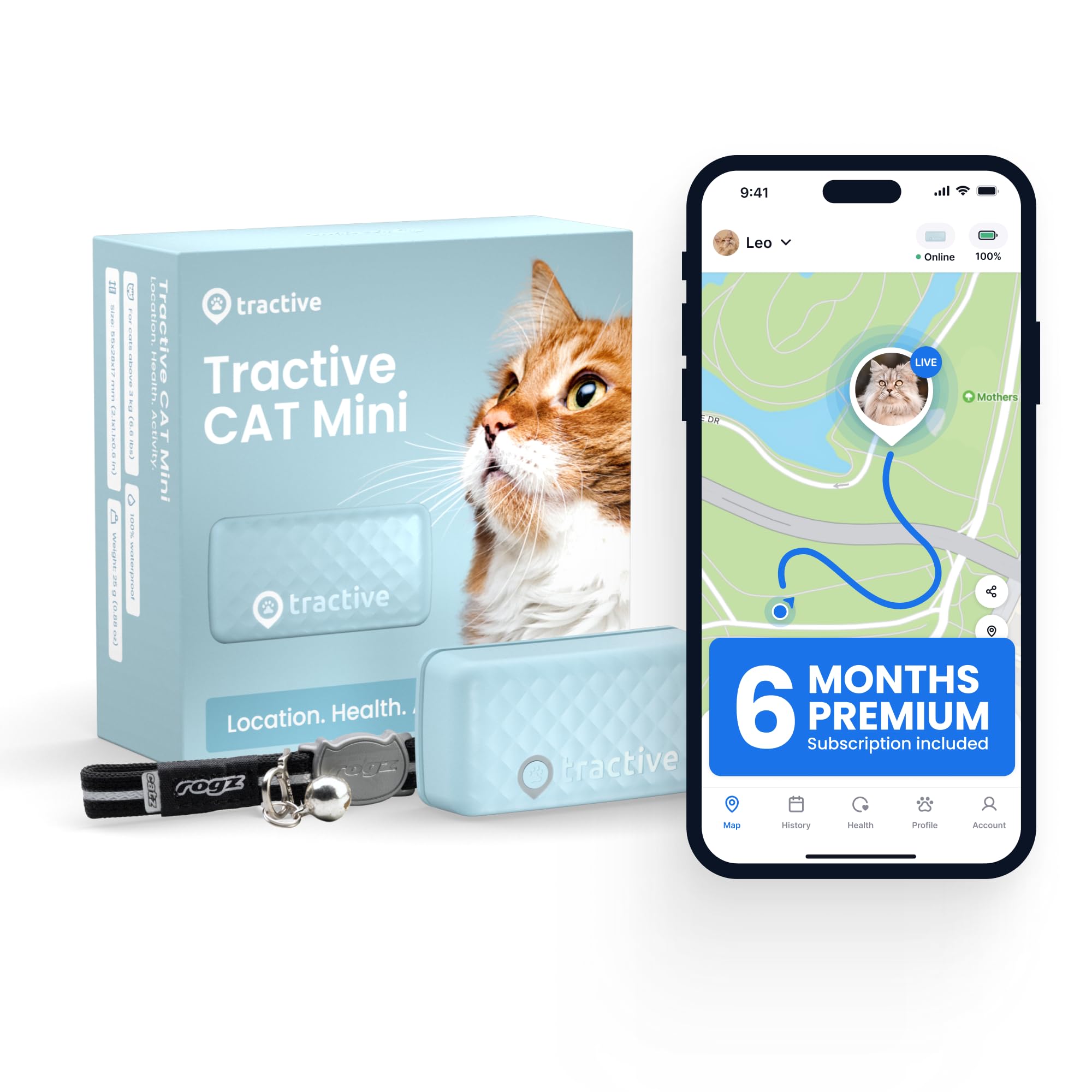 Tractive Smart Cat GPS Tracker with Free 6 Month Subscription | Real-Time Location & Wellness Monitoring for Cats 6.5 lbs+ | Ter