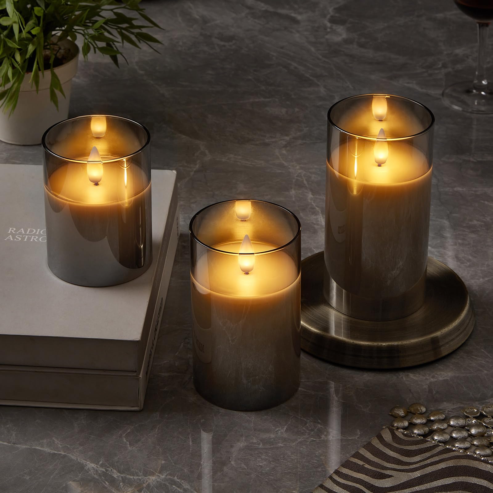 Cozierglow Glass Wax Flameless Pillar Candles Flickering With Remote Timer, Battery Operated Led Candles Up To 400 Hours,3D Movi