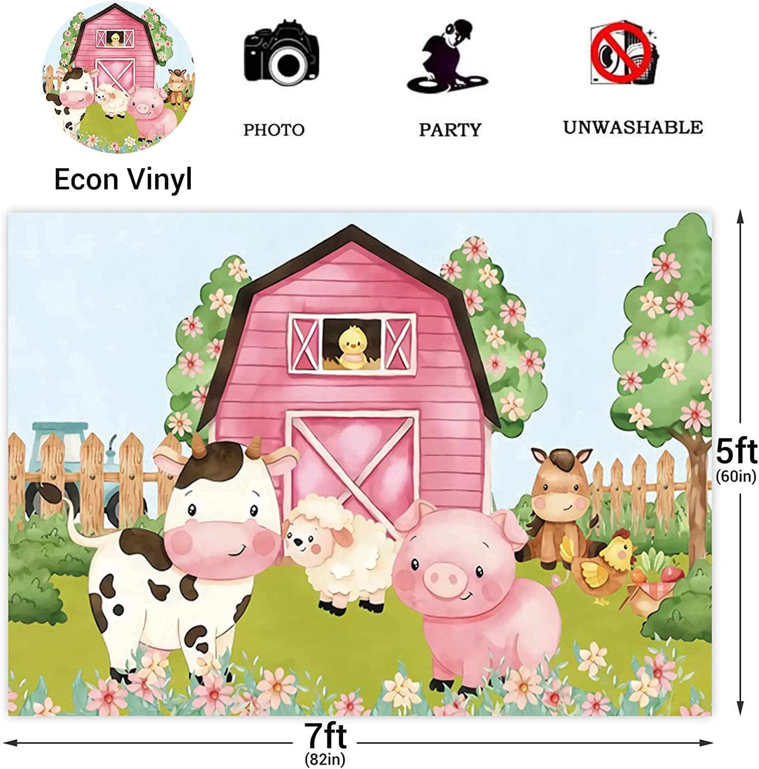 8X6Ft Cartoon Farm Animals Party Backdrop Pink Barn Girl Baby Shower Birthday Photography Background Farmland Animals Cows Pigs