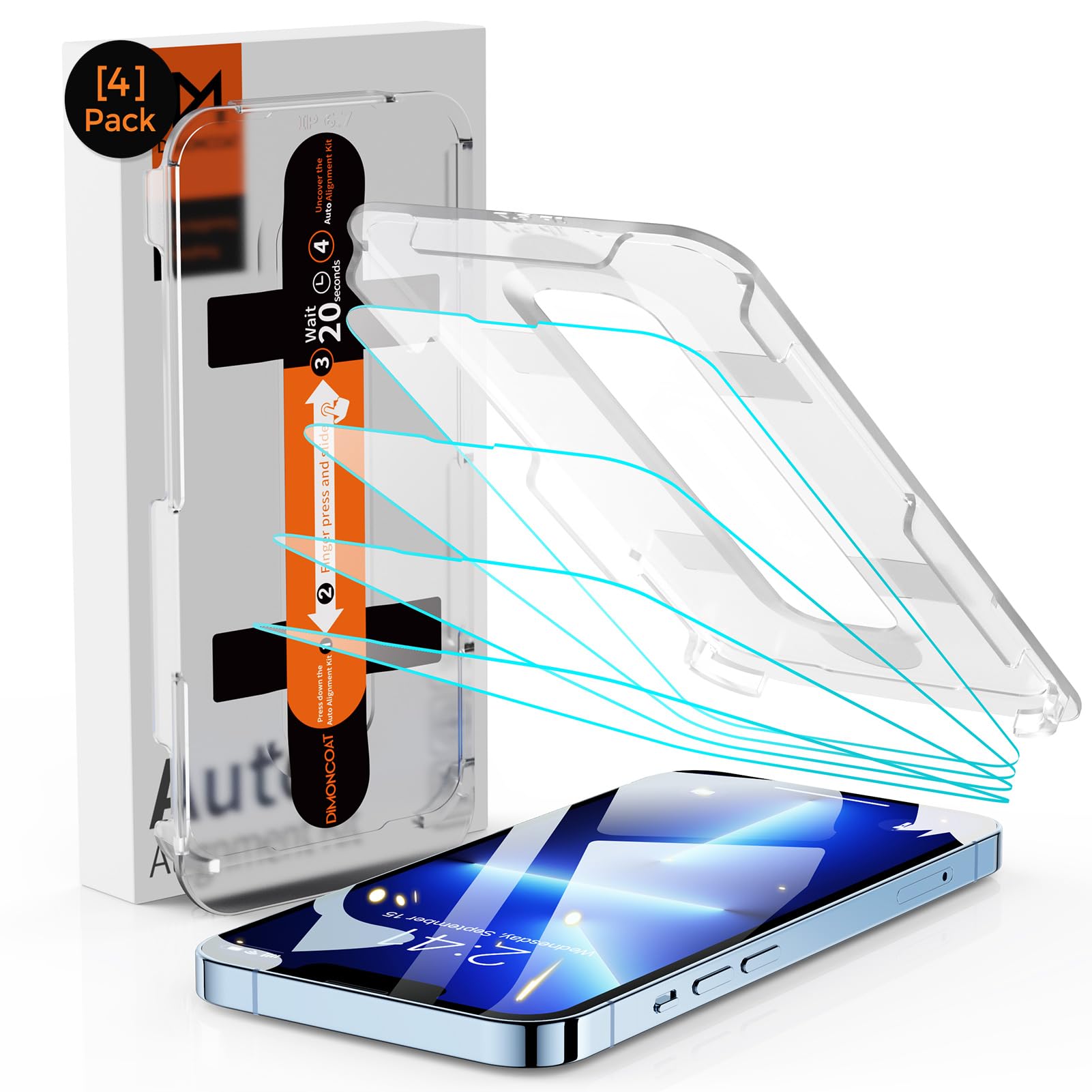 Dimoncoat 4 Pack Screen Protector For Iphone 13 Pro Max/14 Plus,Double Shatterproof Tempered Glass [Auto Alignment Kit][9H Hardn