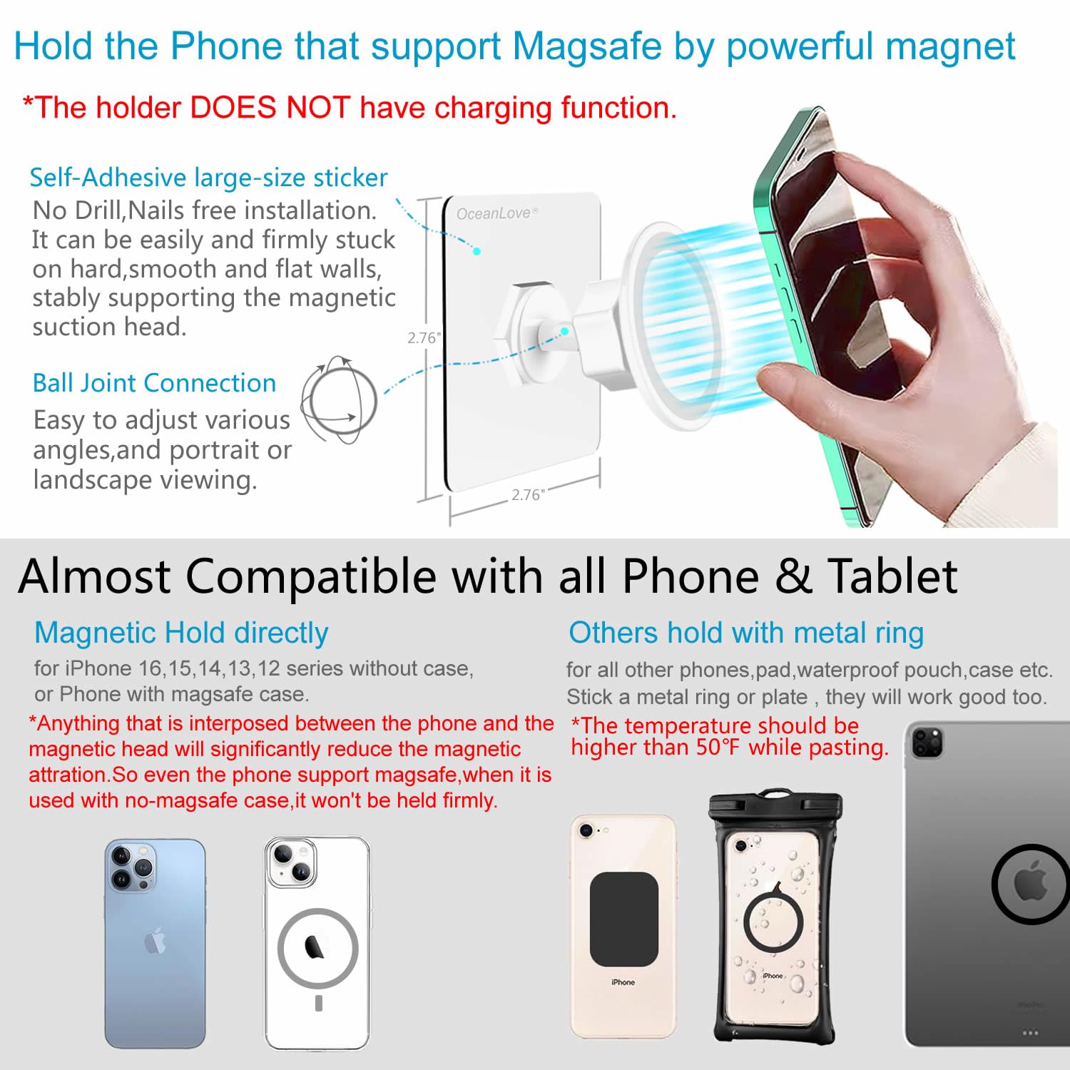 Oceanlove For Magsafe Wall Mount Magnetic Phone Holder, Self-Adhesive, 360 Rotatable, Waterproof, Compatible With Iphone 16/15/1
