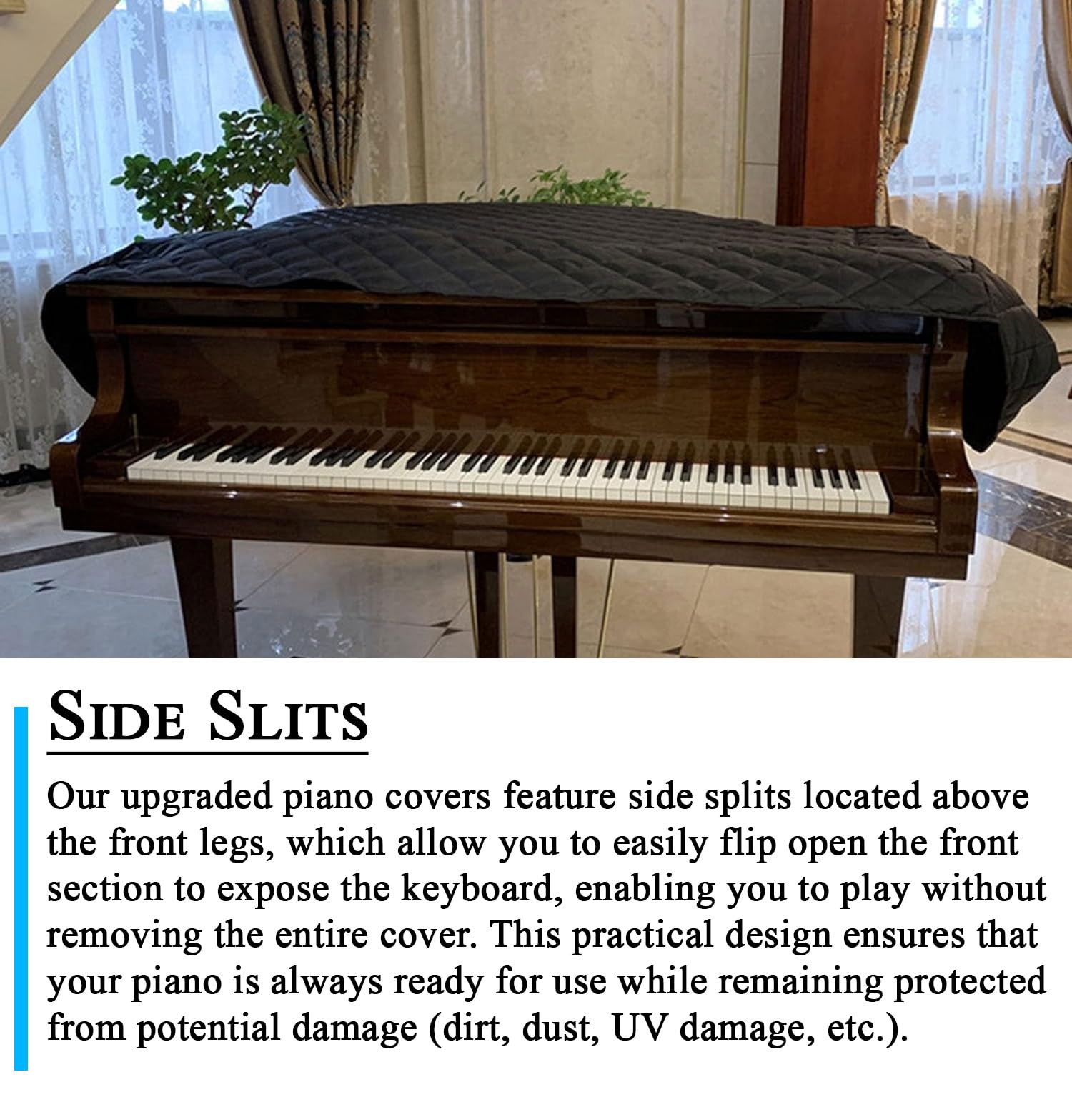 Toryo Steinway Model M Piano Cover With Logo Embroidery 5'7''   Quilted Black Nylon With Side Splits