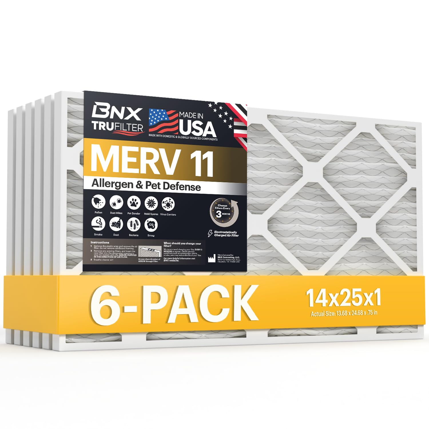 BNX TruFilter 14x25x1 Air Filter MERV 11 (6-Pack) - MADE IN USA - Allergen Defense Electrostatic Pleated Air Conditioner HVAC AC