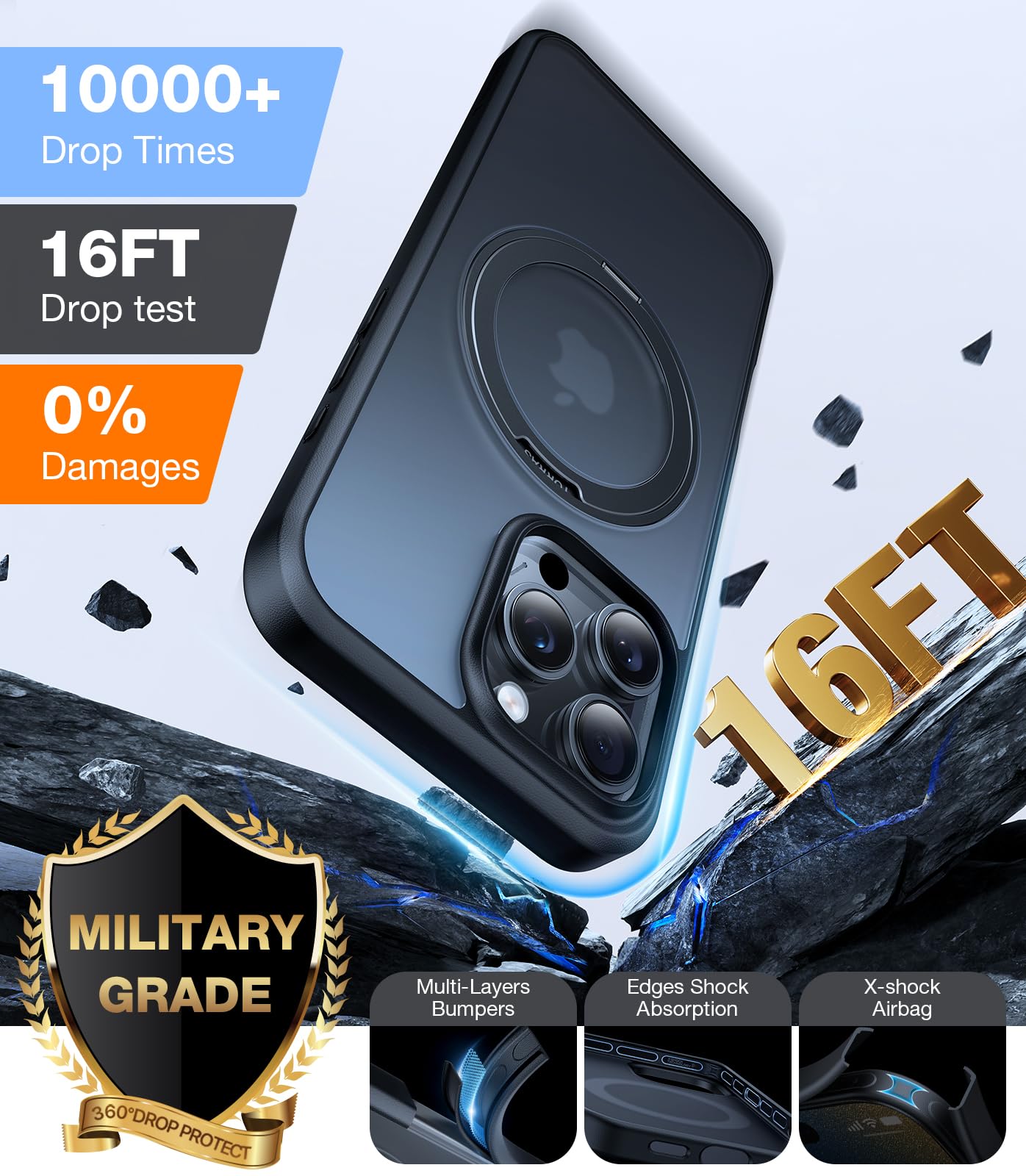 Torras Upgrade 360 Rotatable Magnetic For Iphone 16 Pro Case 6.3 Inch, Fit For Magsafe 16 Pro Phone Case, 16Ft Mil Grade Shockpr